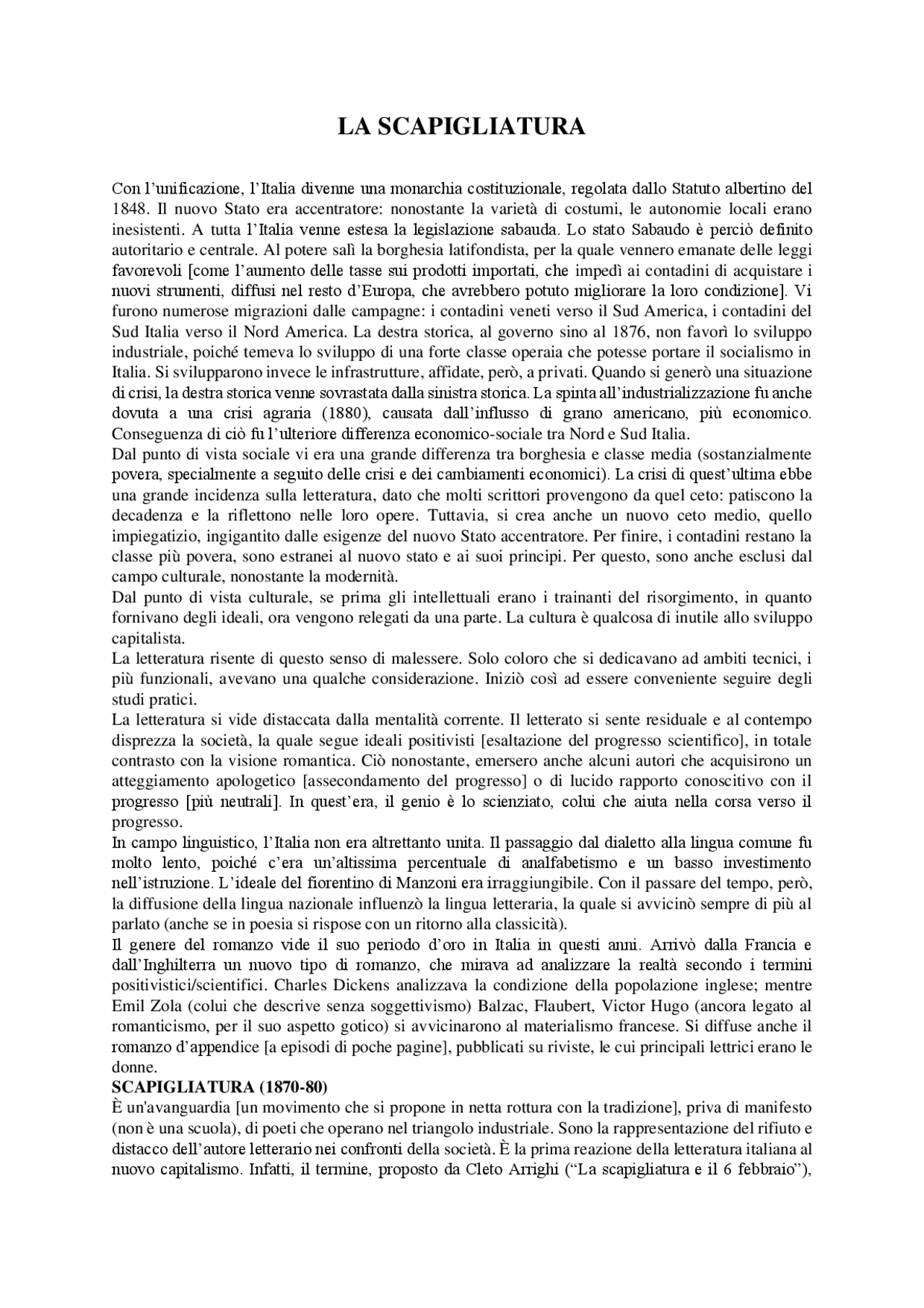 La scapigliatura italiana Appunti di Italiano Docsity