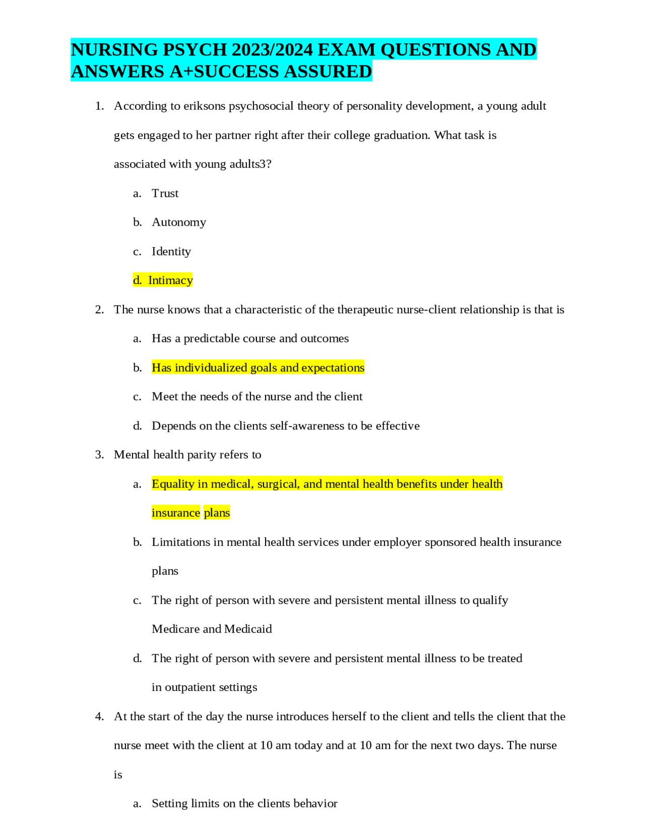 Nursing Psych Exam Questions and Answers | Exams Nursing | Docsity