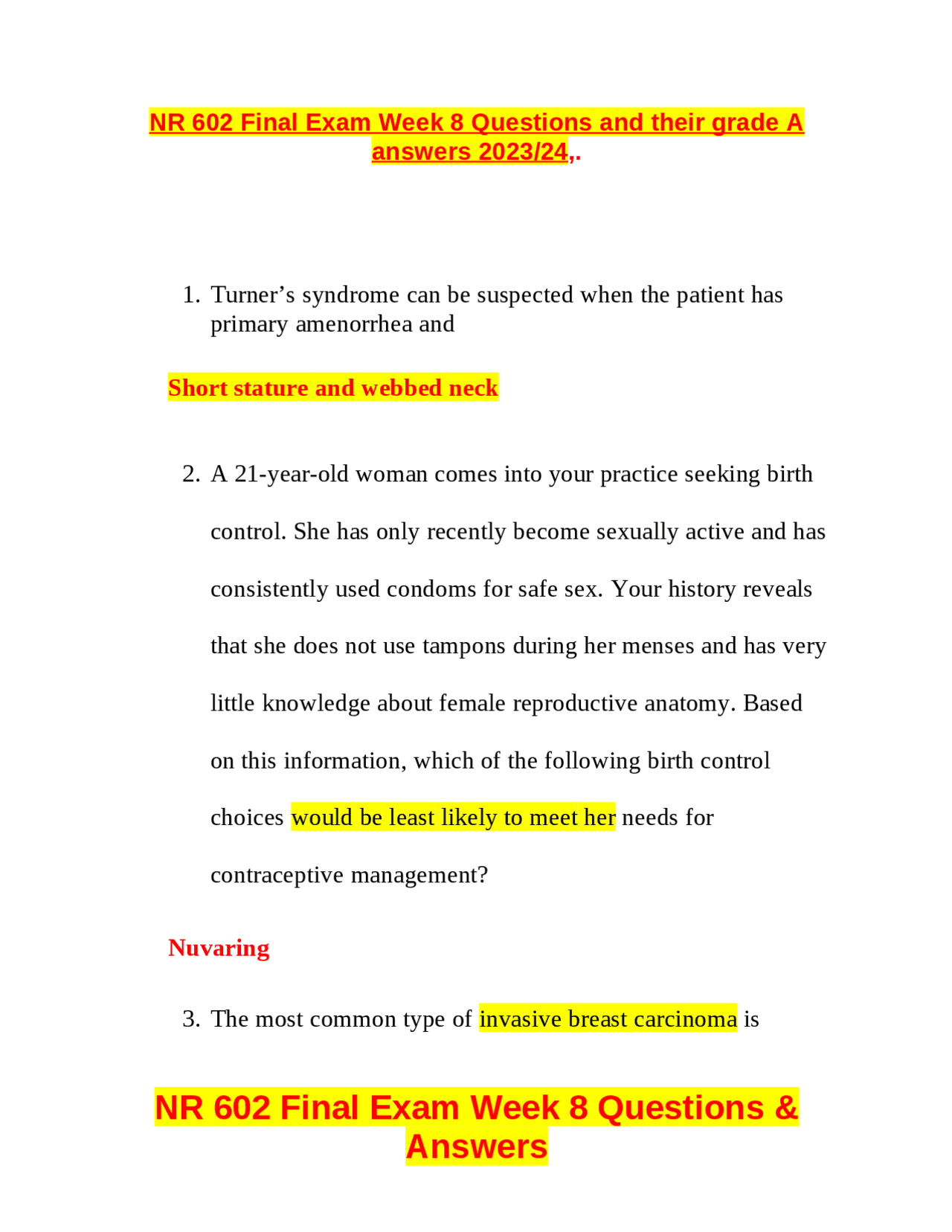 NR 602 Final Exam Week 8 Questions and their grade A answers 2023/24 ...