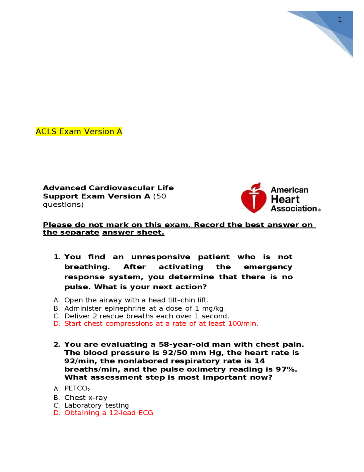Advanced Cardiovascular Life Support Exam Version A (50 questions