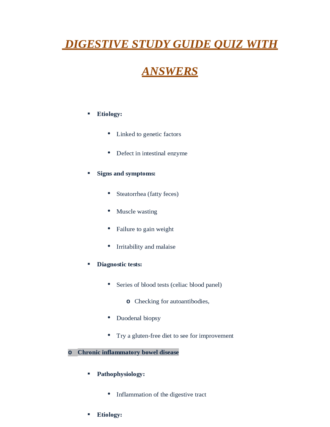 DIGESTIVE STUDY GUIDE QUIZ WITH ANSWERS Exams Nursing Docsity