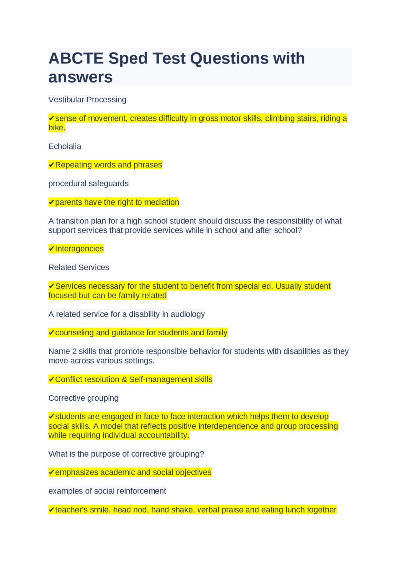 ABCTE Sped Test Questions with answers | Exams Advanced Education | Docsity