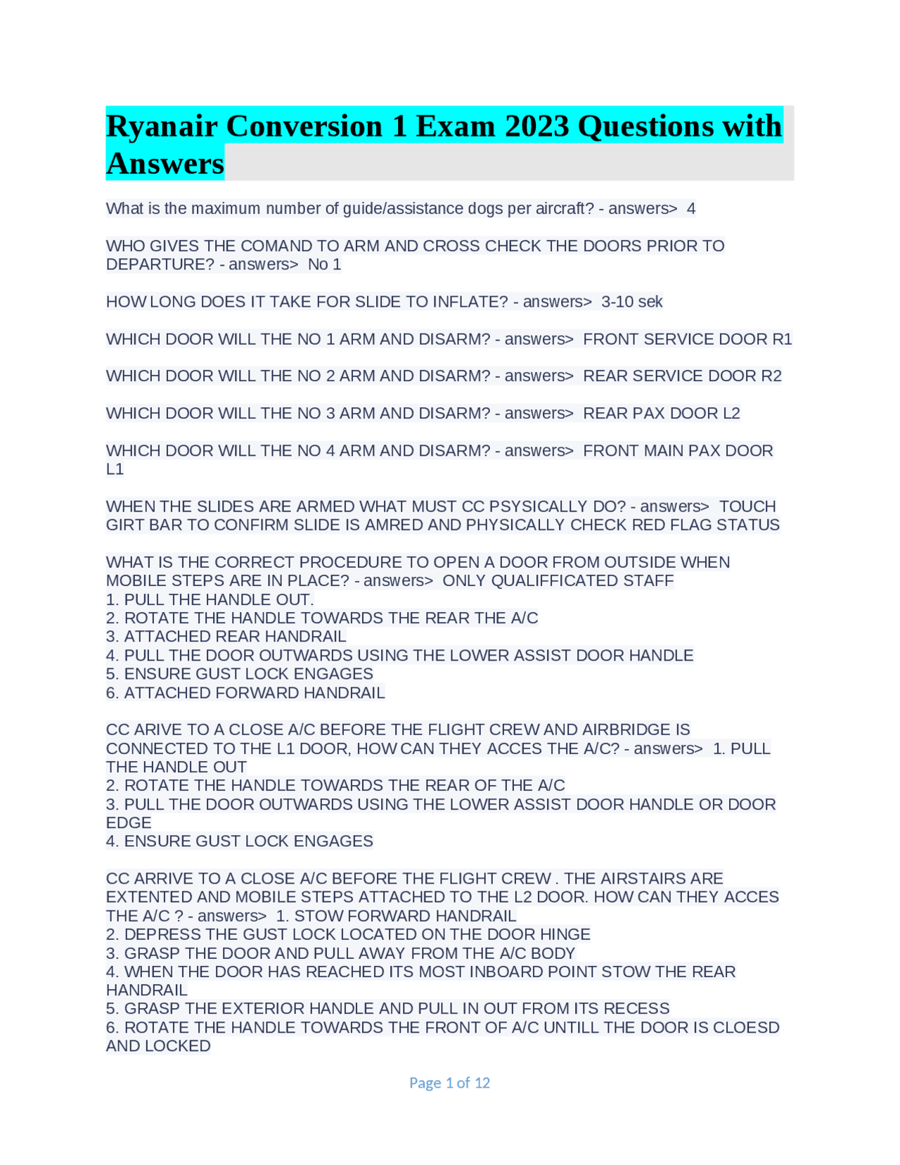 Ryanair Conversion 1 Exam 2023 Questions with Answers Exams