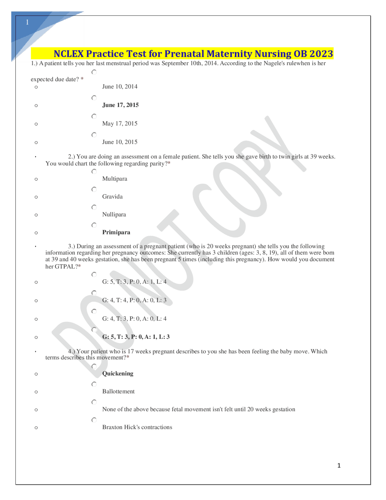 NCLEX Practice Test for Prenatal Maternity Nursing OB 2023 | Exams ...