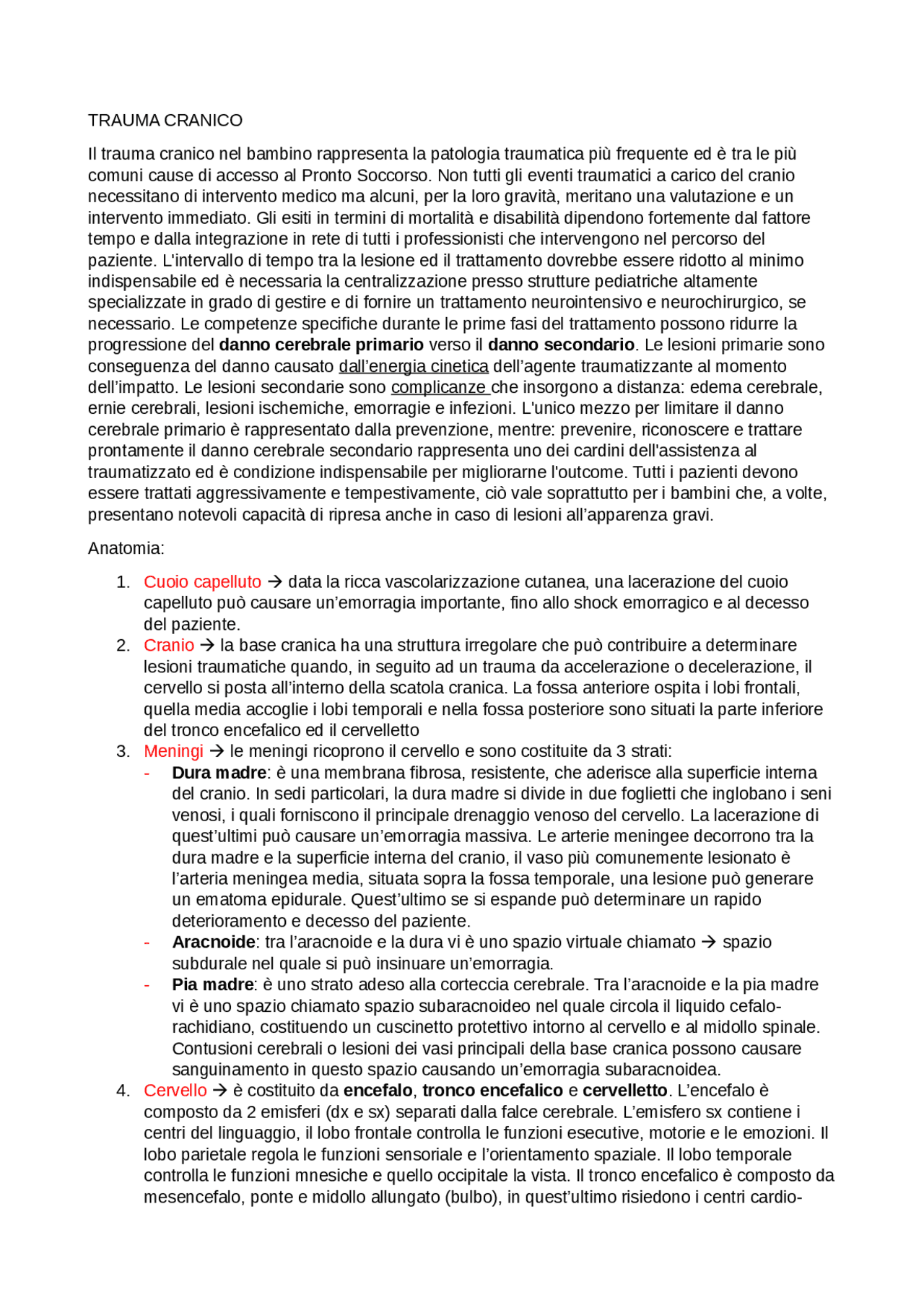 Trauma cranico nel bambino | Appunti di Infermieristica | Docsity
