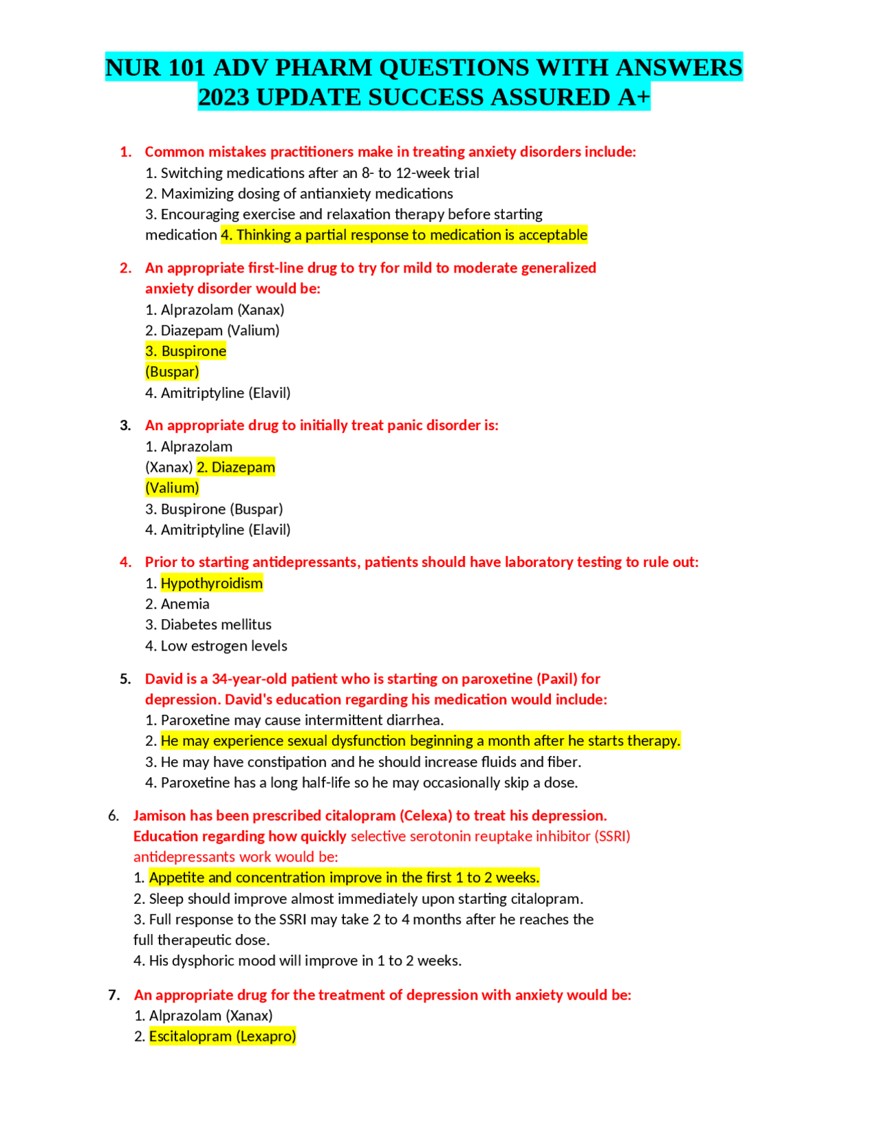NUR 101 ADV PHARM QUESTIONS WITH ANSWERS 2023 UPDATE SUCCESS ASSURED A+ ...