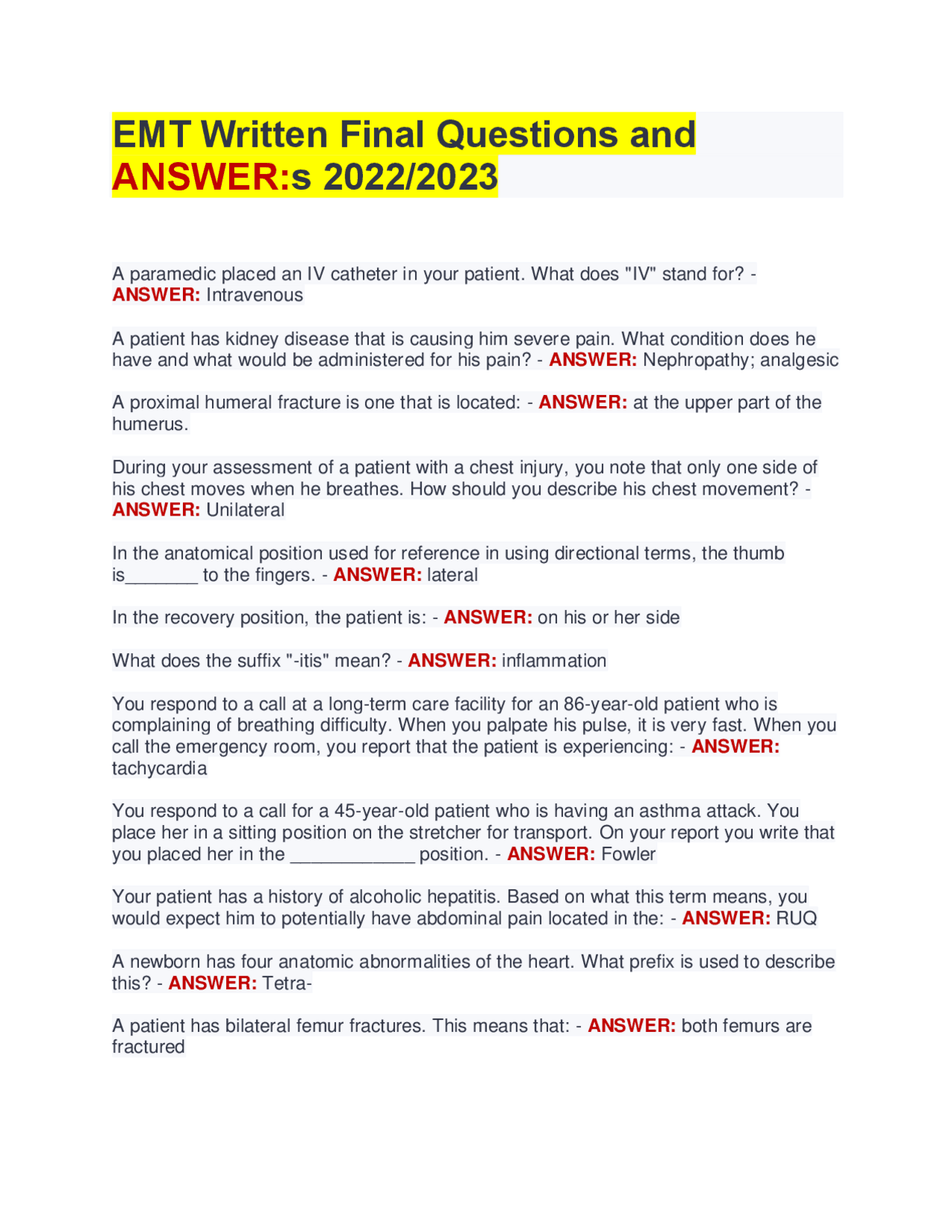 EMT MIDTERM EXAM 3 LATEST VERSIONS (VERSION A, B AND C) ACTUAL EXAM