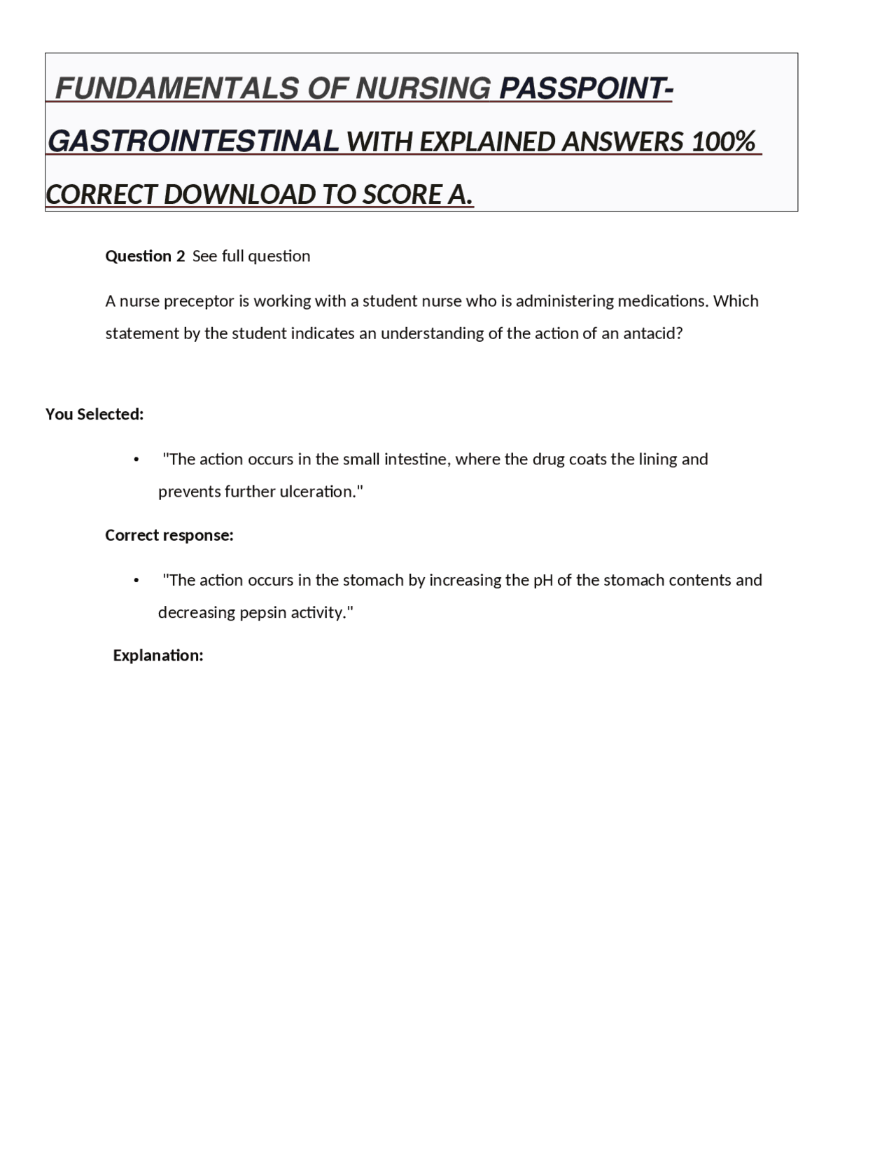 Pass Point Test FUNDAMENTALS OF NURSING PASSPOINT-GASTROINTESTINAL WITH EXPLAINED ...