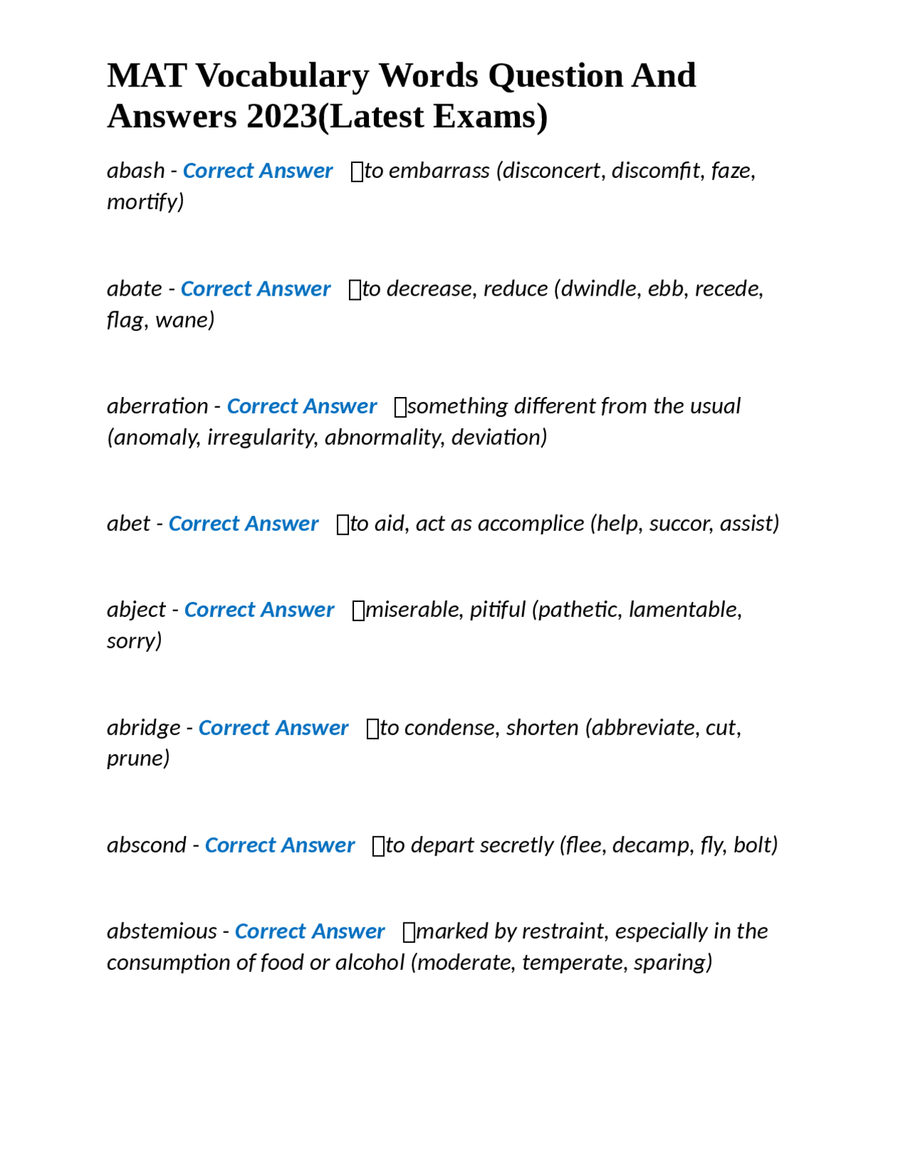 MAT Vocabulary Words Question And Answers 2023(Latest Exams) | Exams ...
