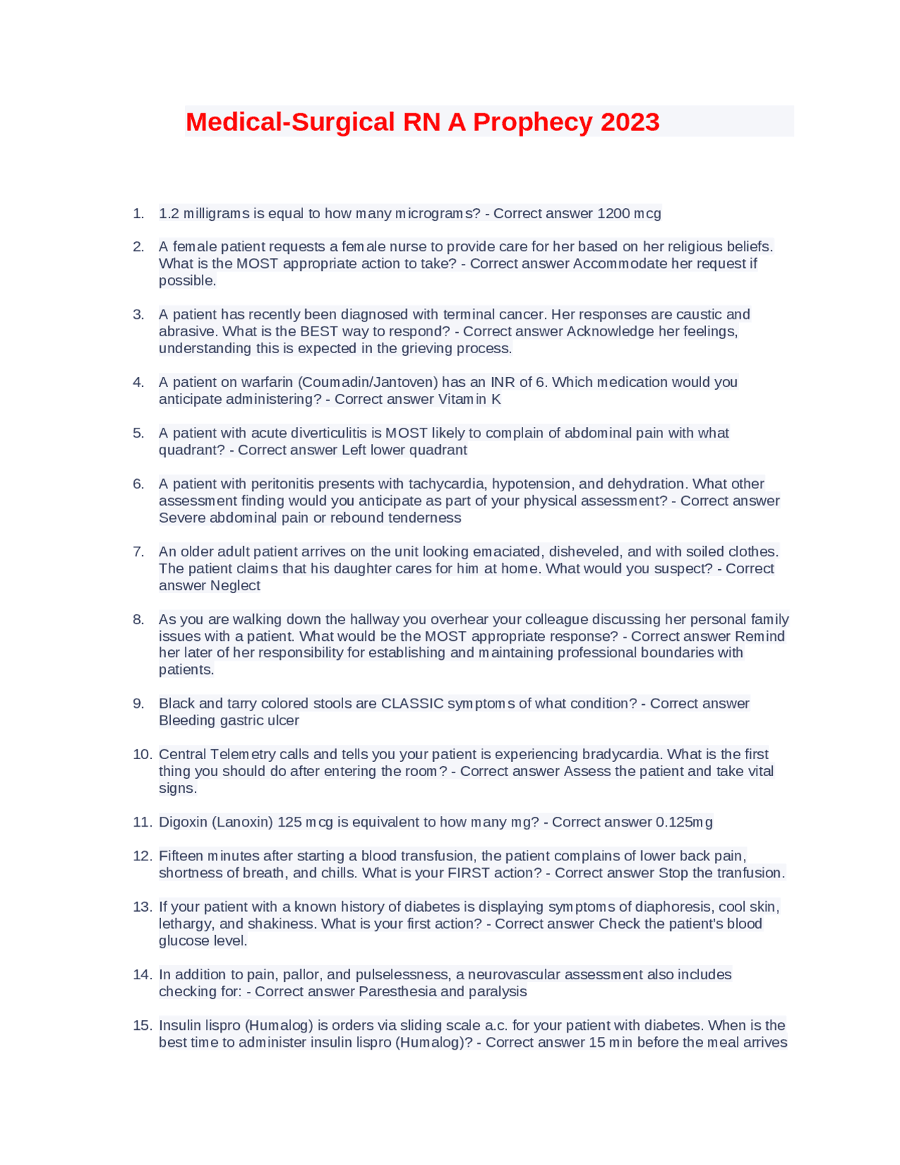 MedicalSurgical RN A Prophecy 2023 Exams Medicine Docsity