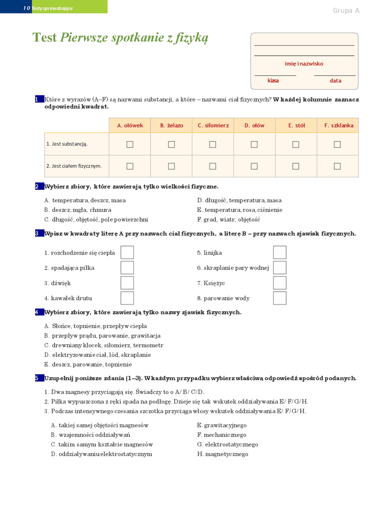 Sprawdzian Spotkanie Z Fizyką 2 Dynamika www.docsity.com
