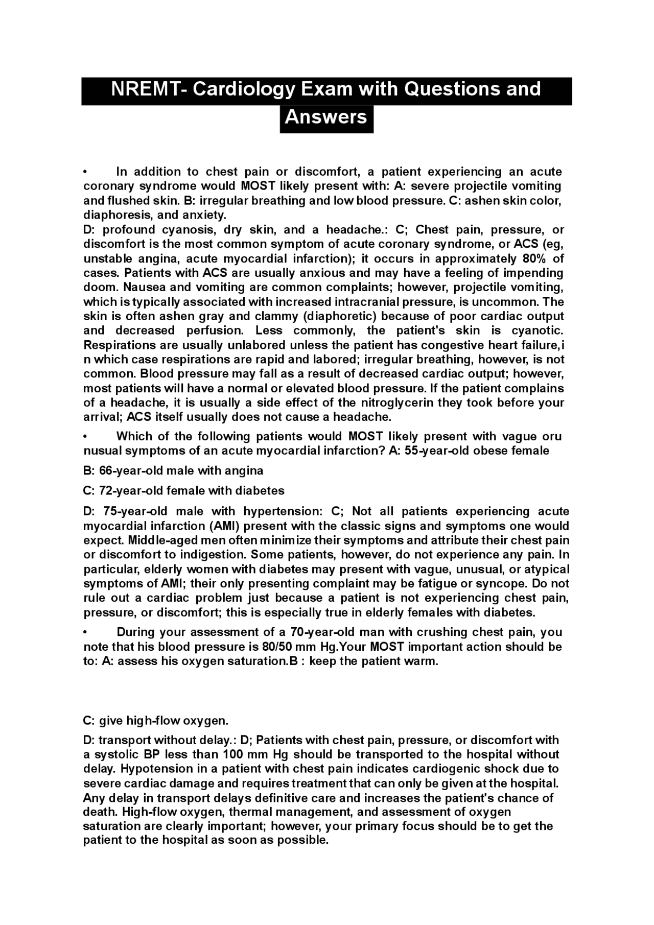 Cardiology Exam with Questions and Answers Exams Nursing Docsity