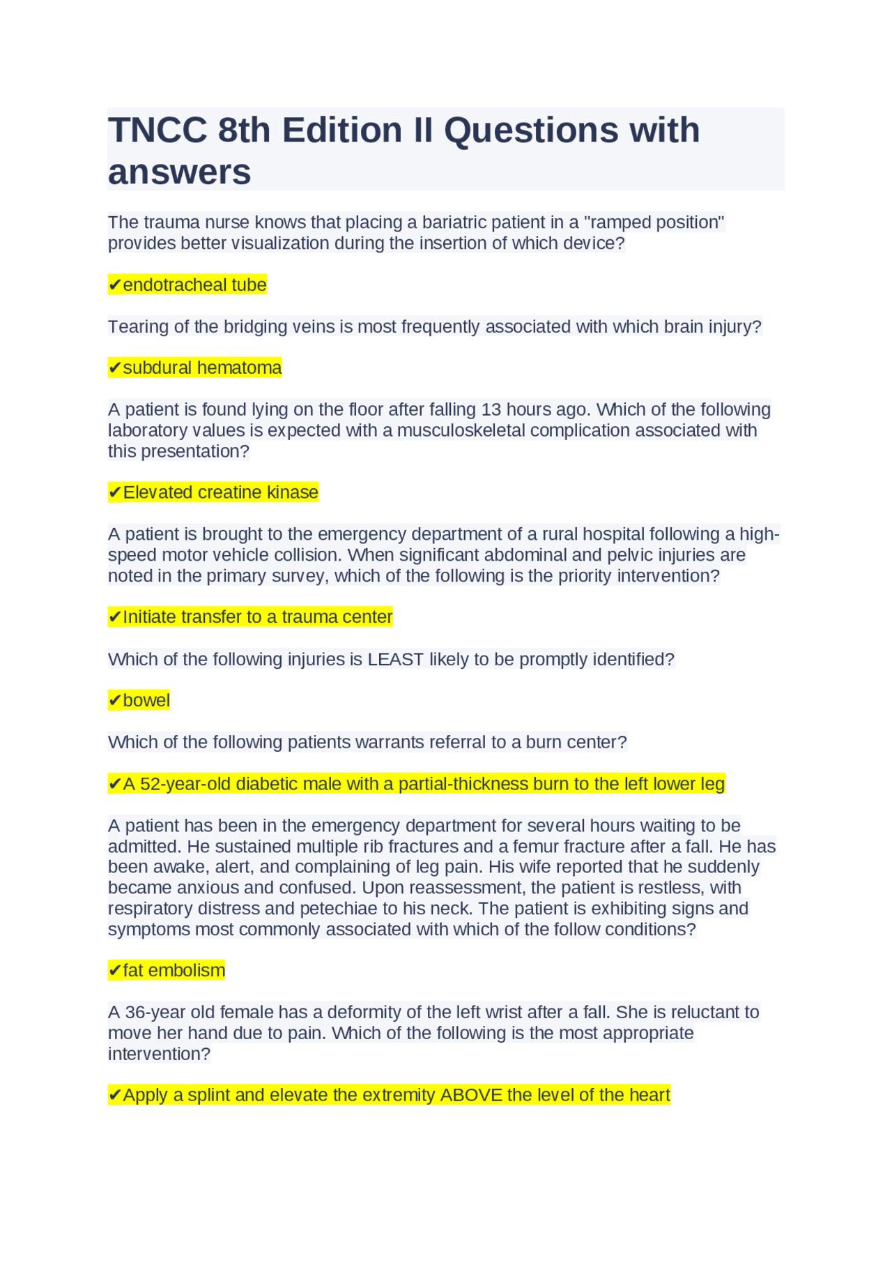 Tncc Questions TNCC 8th Edition II Questions with answers | Exams Nursing | Docsity
