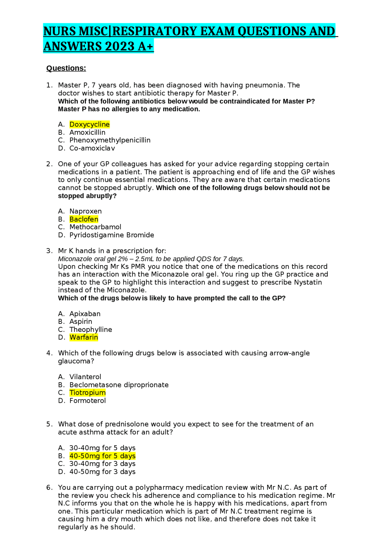 NURS MISCRESPIRATORY EXAM QUESTIONS AND ANSWERS 2023 A+ Exams