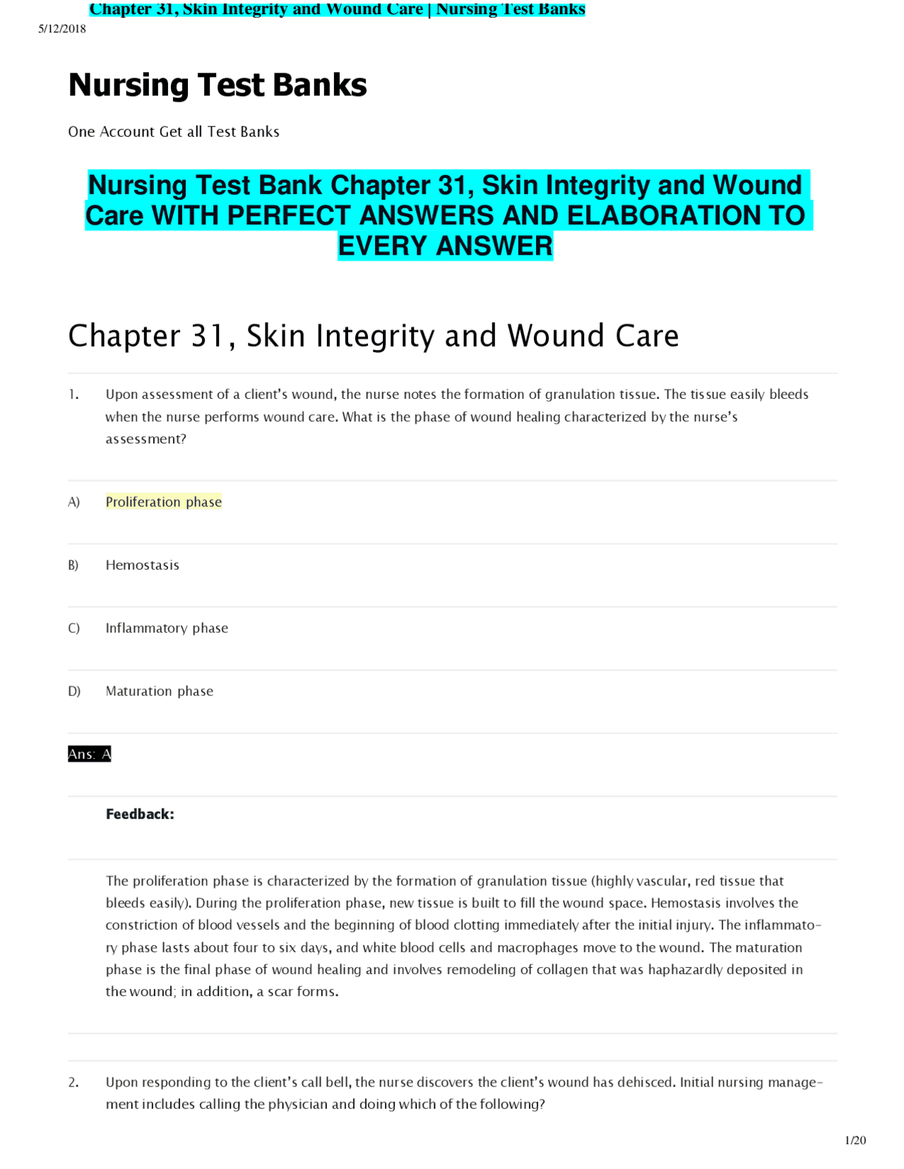 Nursing Test Bank Chapter 31, Skin Integrity and Wound Care WITH ...