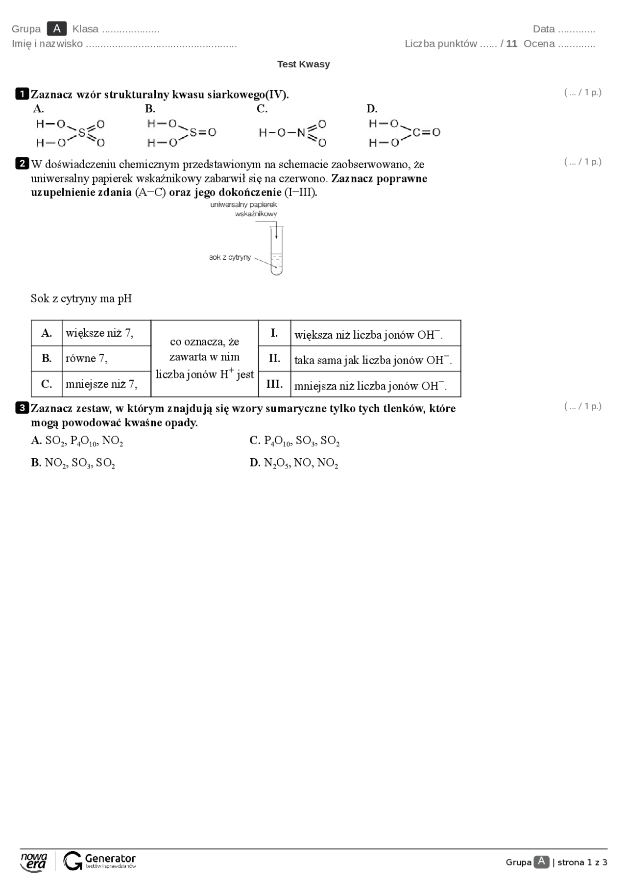 Chemia Nowa Era 2 Kwasy Sprawdzian www.docsity.com