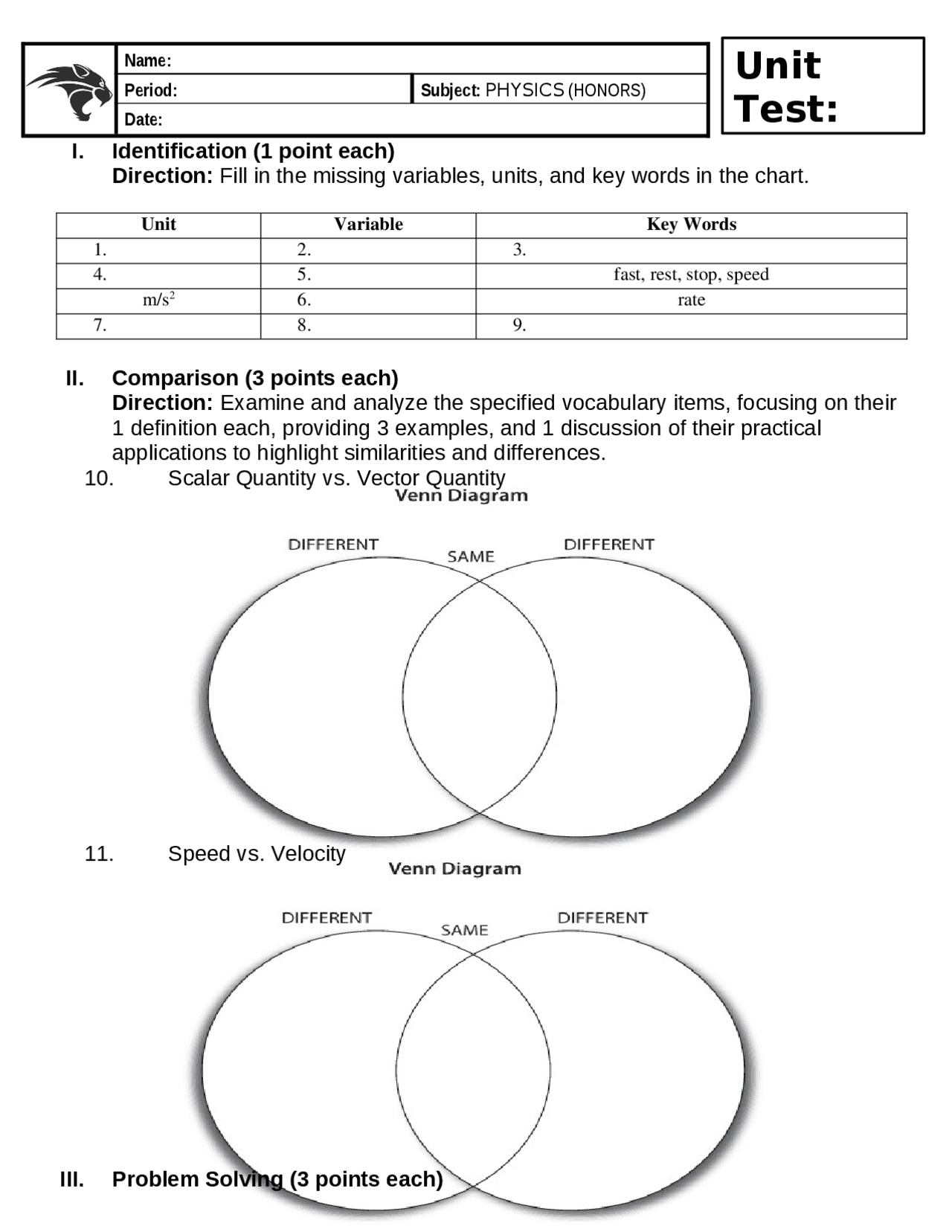 Module 3 Unit Test for High School | Exams Physics | Docsity