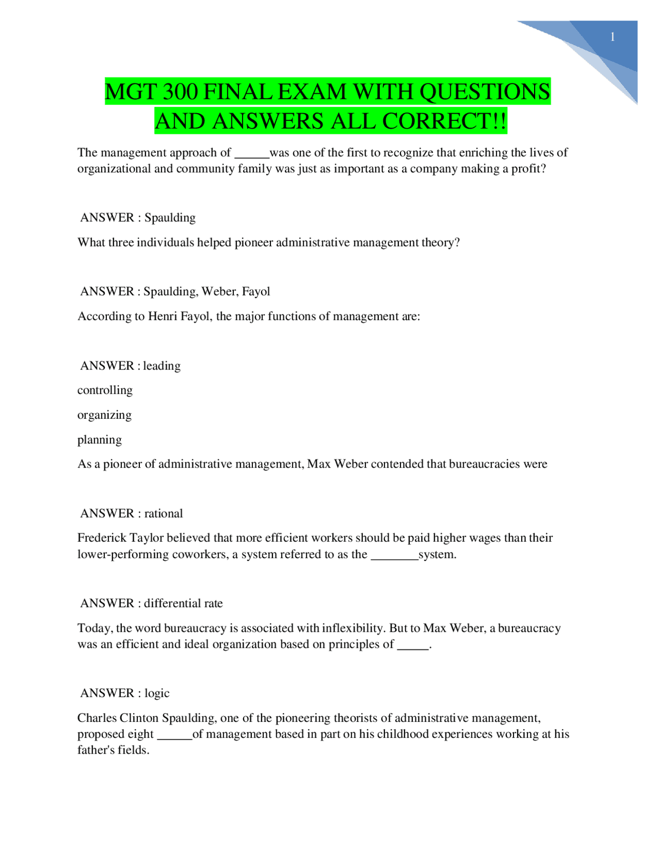 MGT 300 FINAL EXAM WITH QUESTIONS AND ANSWERS ALL CORRECT!! 2023-2024 ...