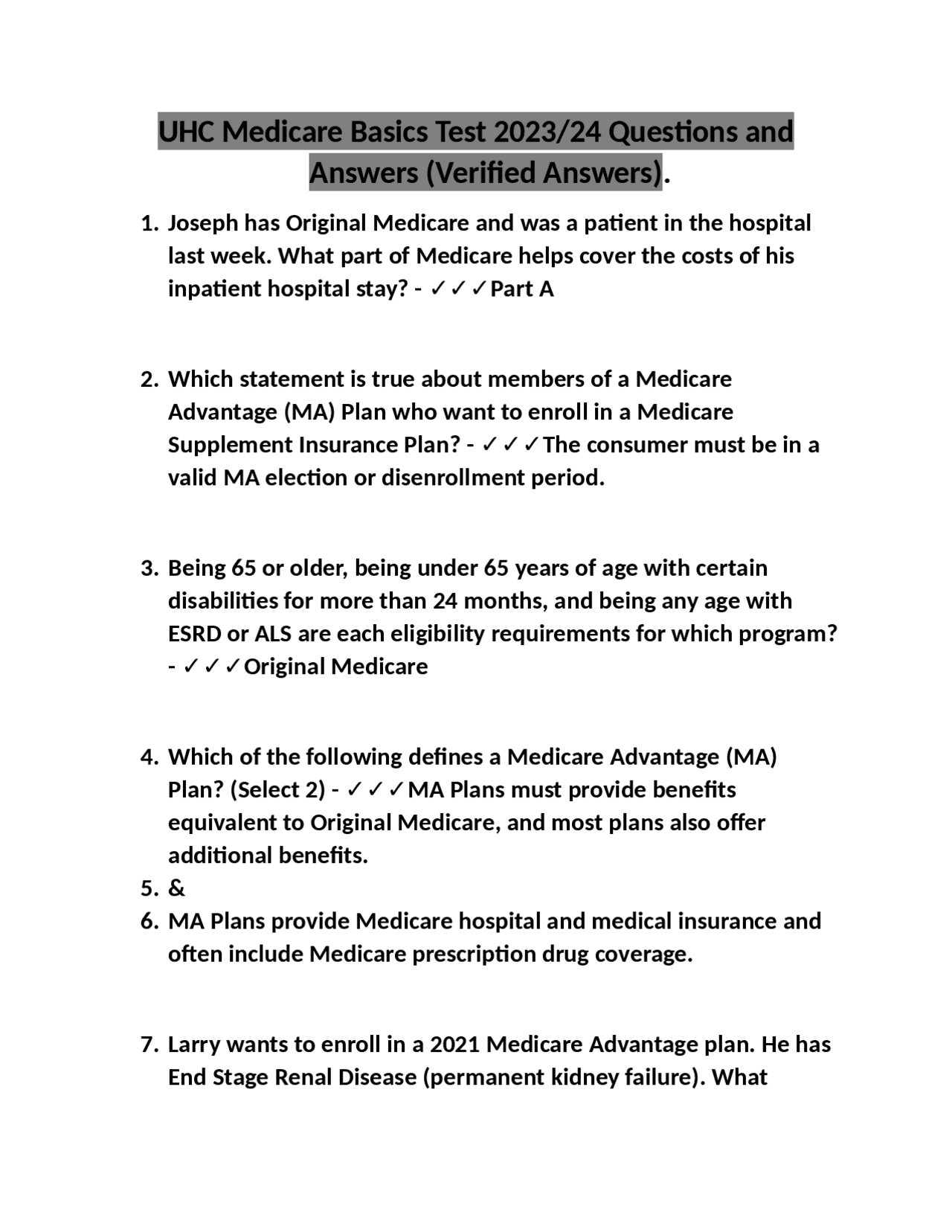 UHC Medicare Basics Test 2023/24 Questions and Answers