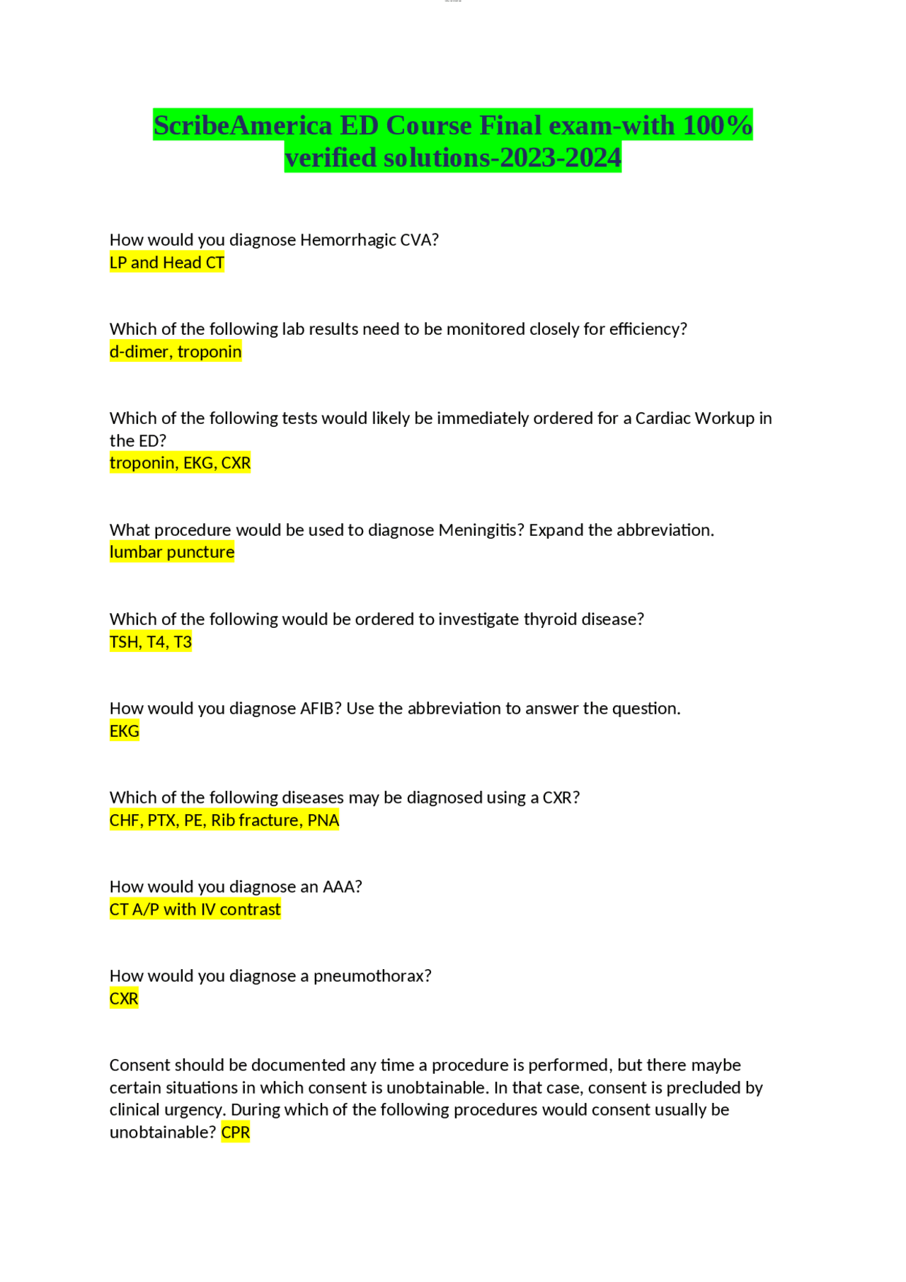 Scribe America ED Course Final Exam 2023-2024! 100% CORRECT ANSWERS ...