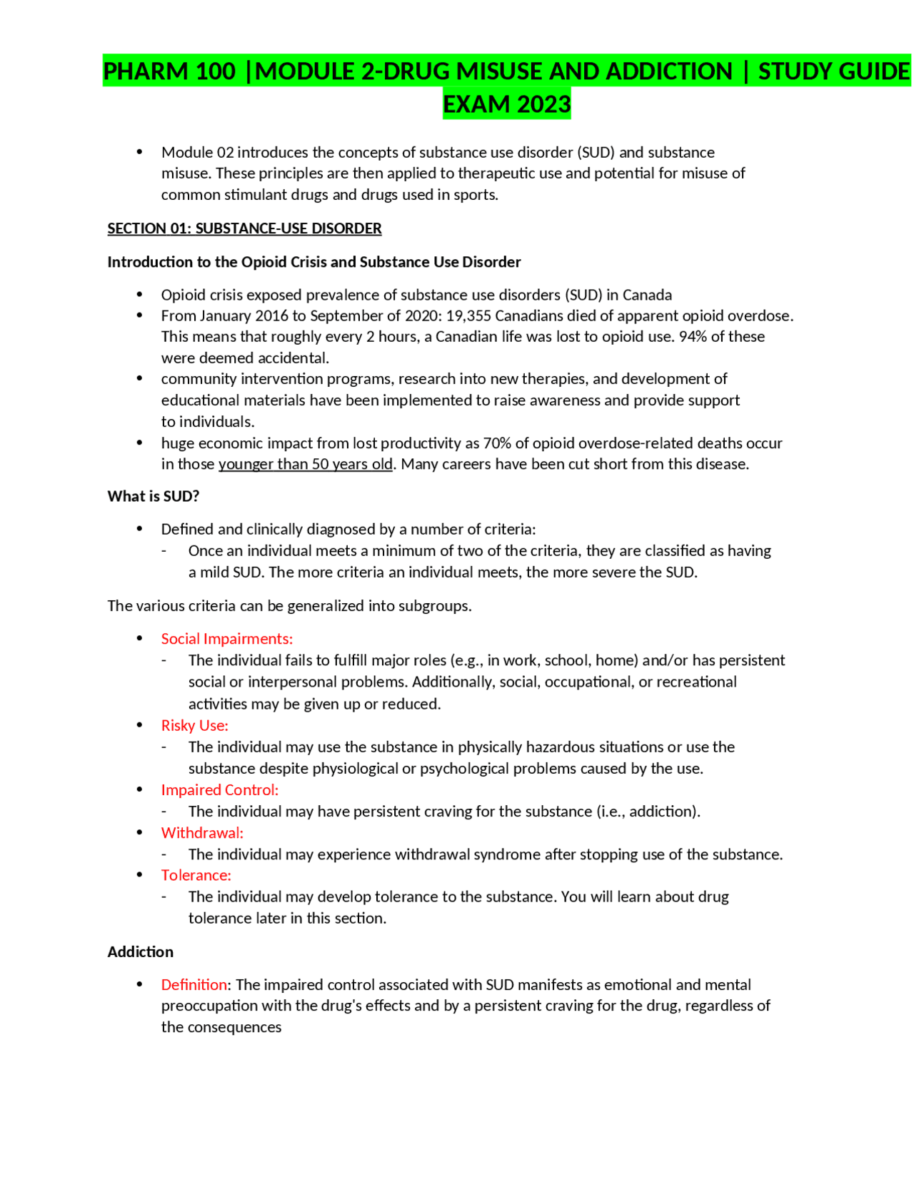 PHARM 100 Module 2: Drug Misuse and Addiction Study Guide | Exams ...