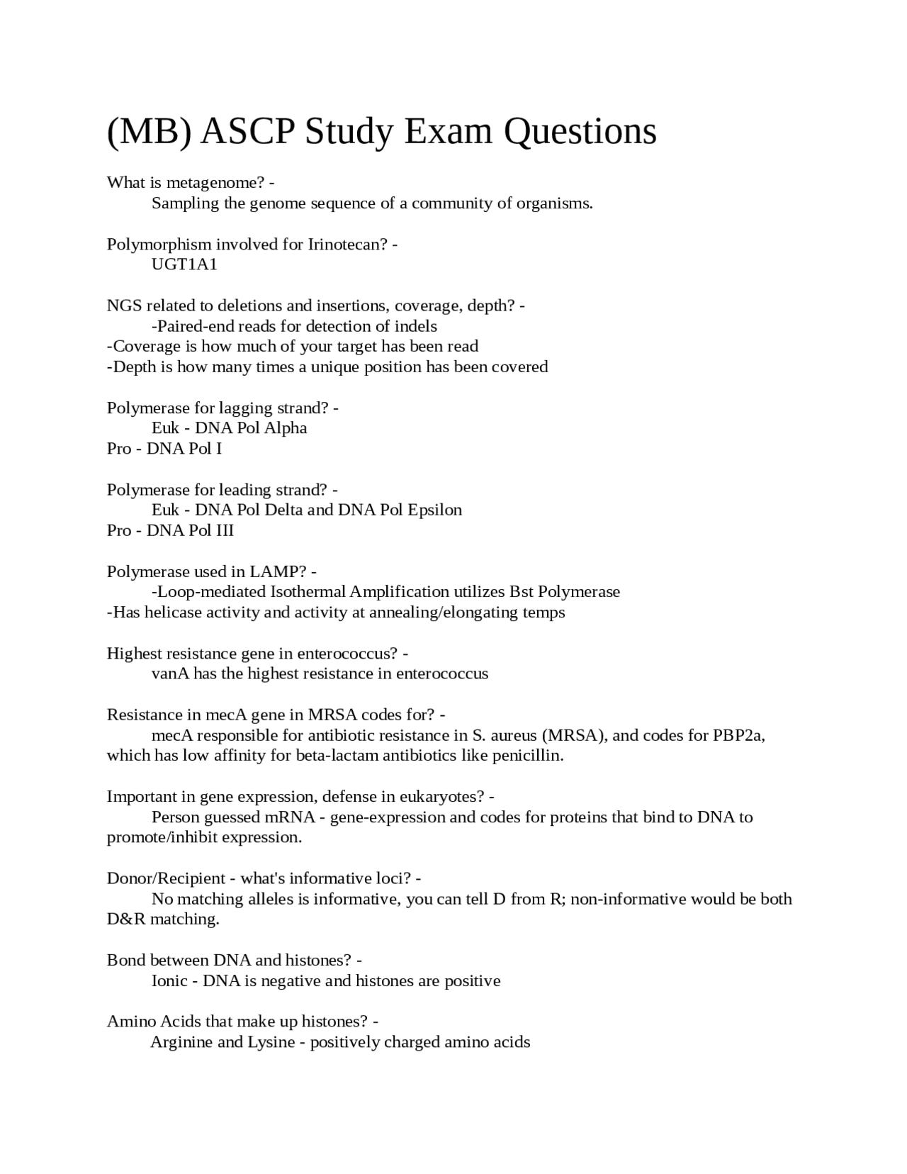 (MB) ASCP Study Exam Questions | Exams Biology | Docsity