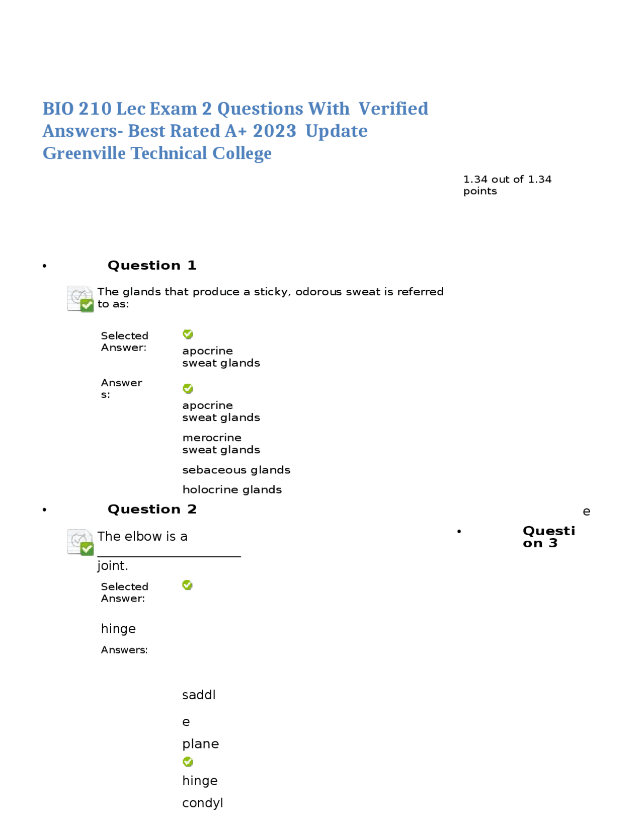 BIO 210 Lec Exam 2 Questions With Verified Answers- Best Rated A+ 2023 ...