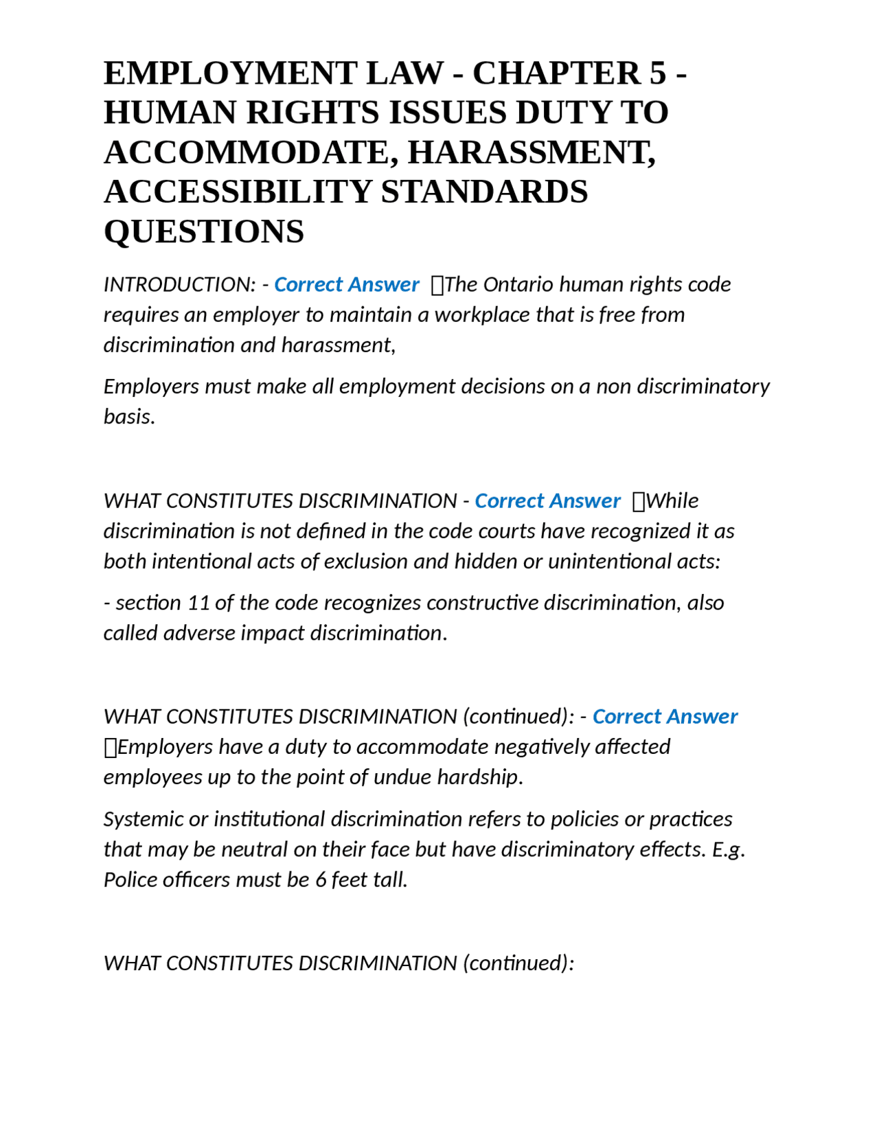 EMPLOYMENT LAW - CHAPTER 5 - HUMAN RIGHTS ISSUES DUTY TO ACCOMMODATE ...
