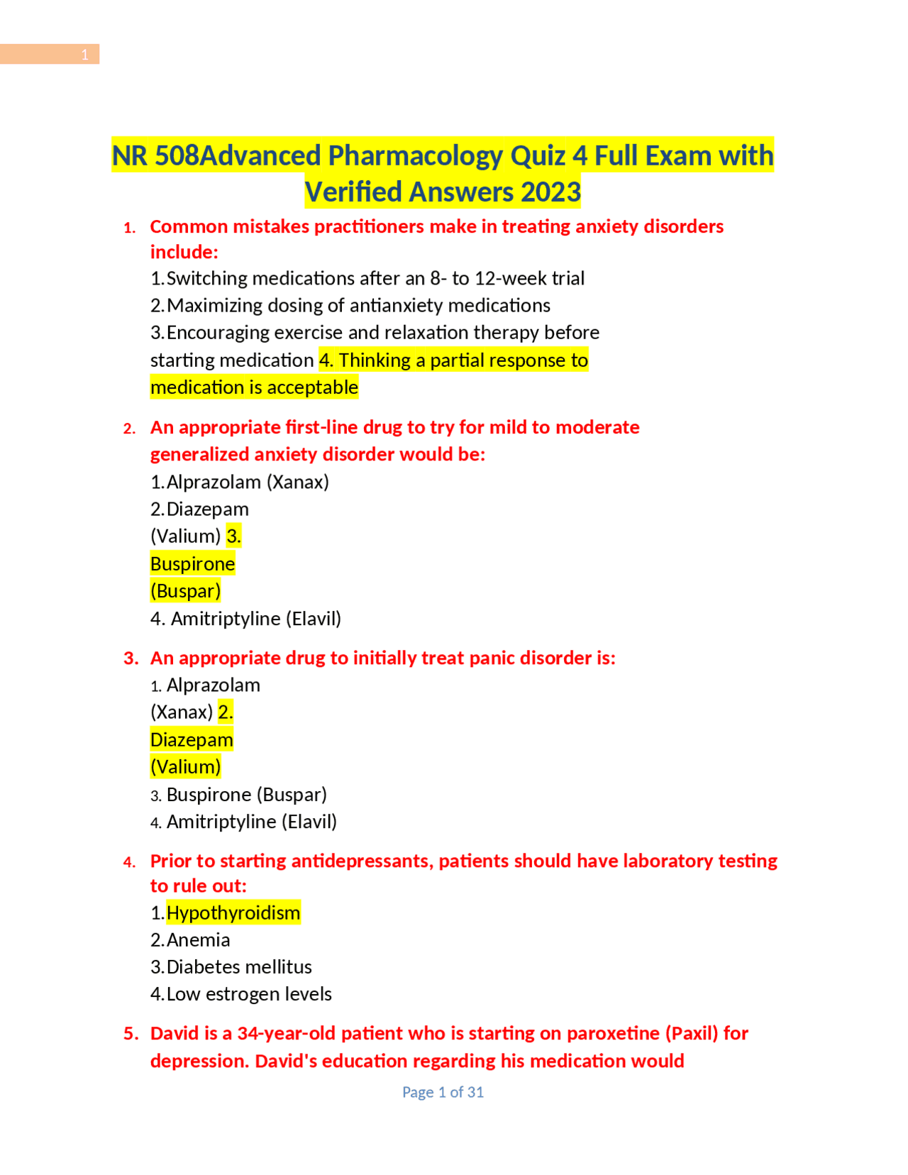 NR 508Advanced Pharmacology Quiz 4 Full Exam with Verified Answers 2023 ...