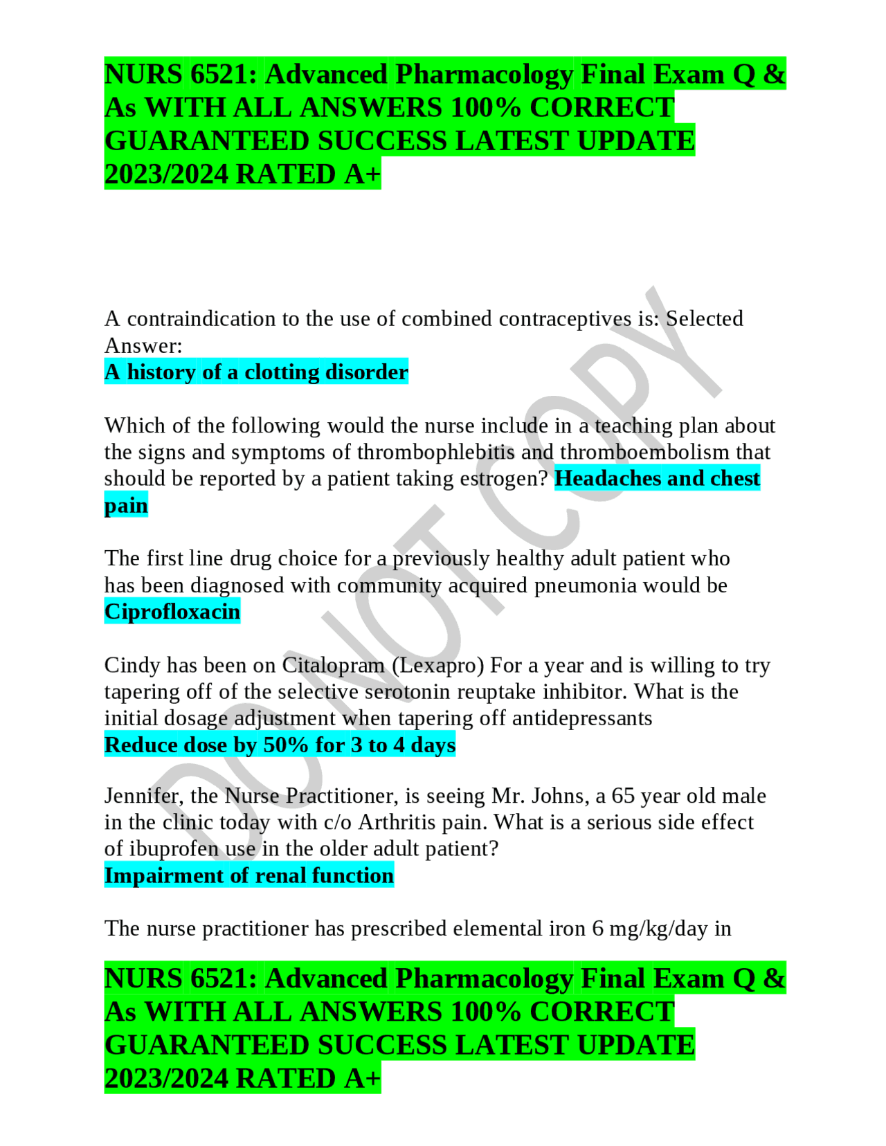 NURS 6521: Advanced Pharmacology Final Exam Q & As WITH ALL ANSWERS 100 ...