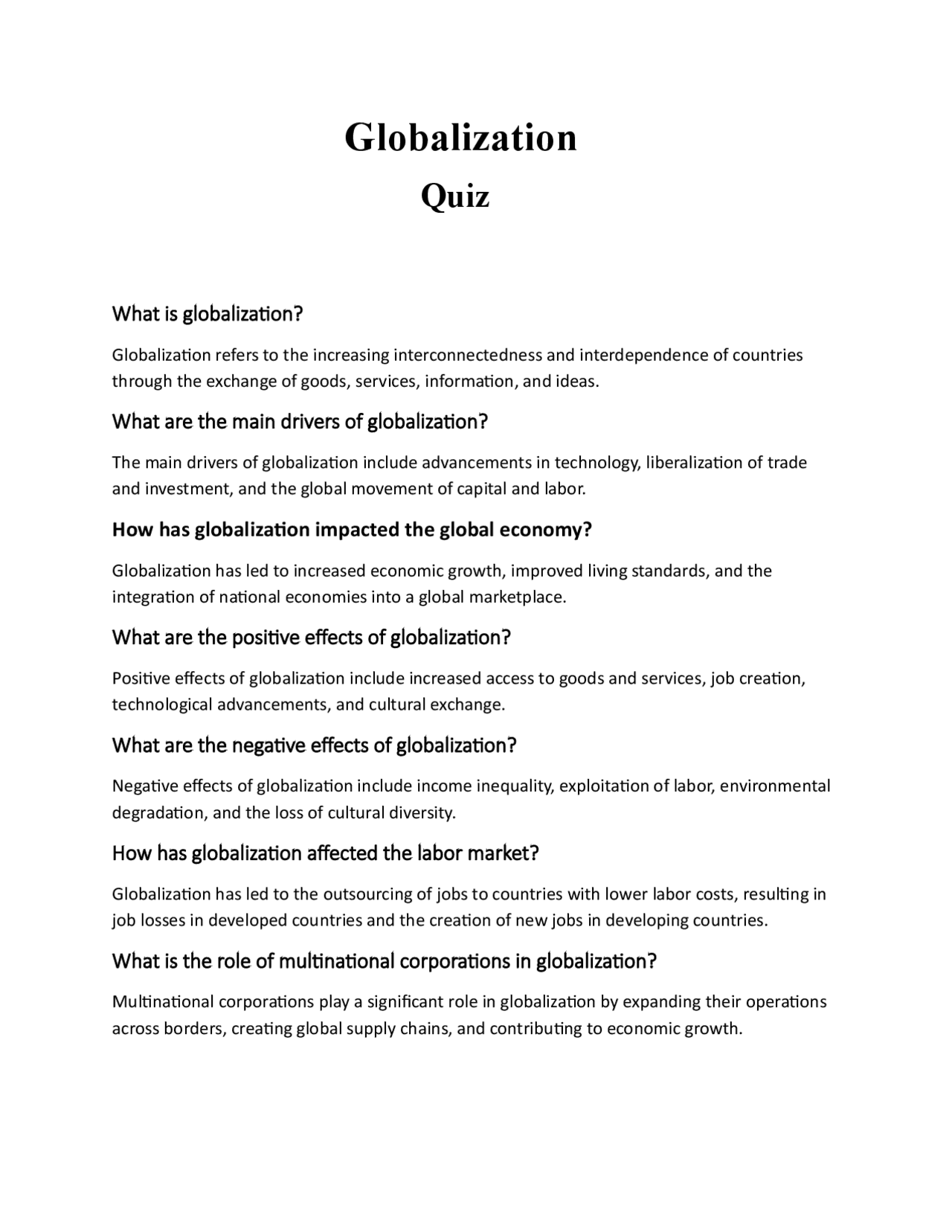 What is Globalization? Quiz about globalization | Quizzes Culture and ...