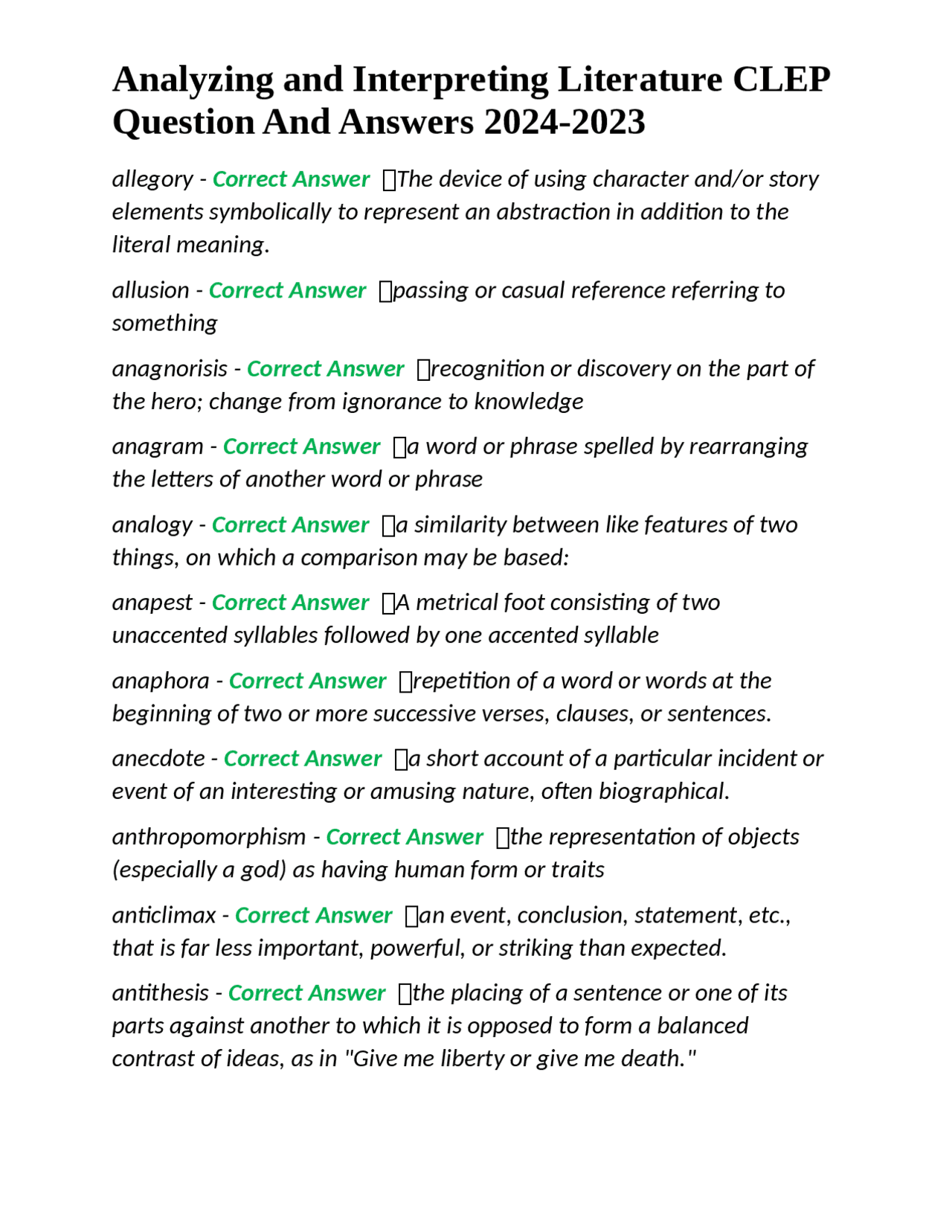 Clep Journal Example Analyzing and Interpreting Literature CLEP Question And Answers 2024 ...