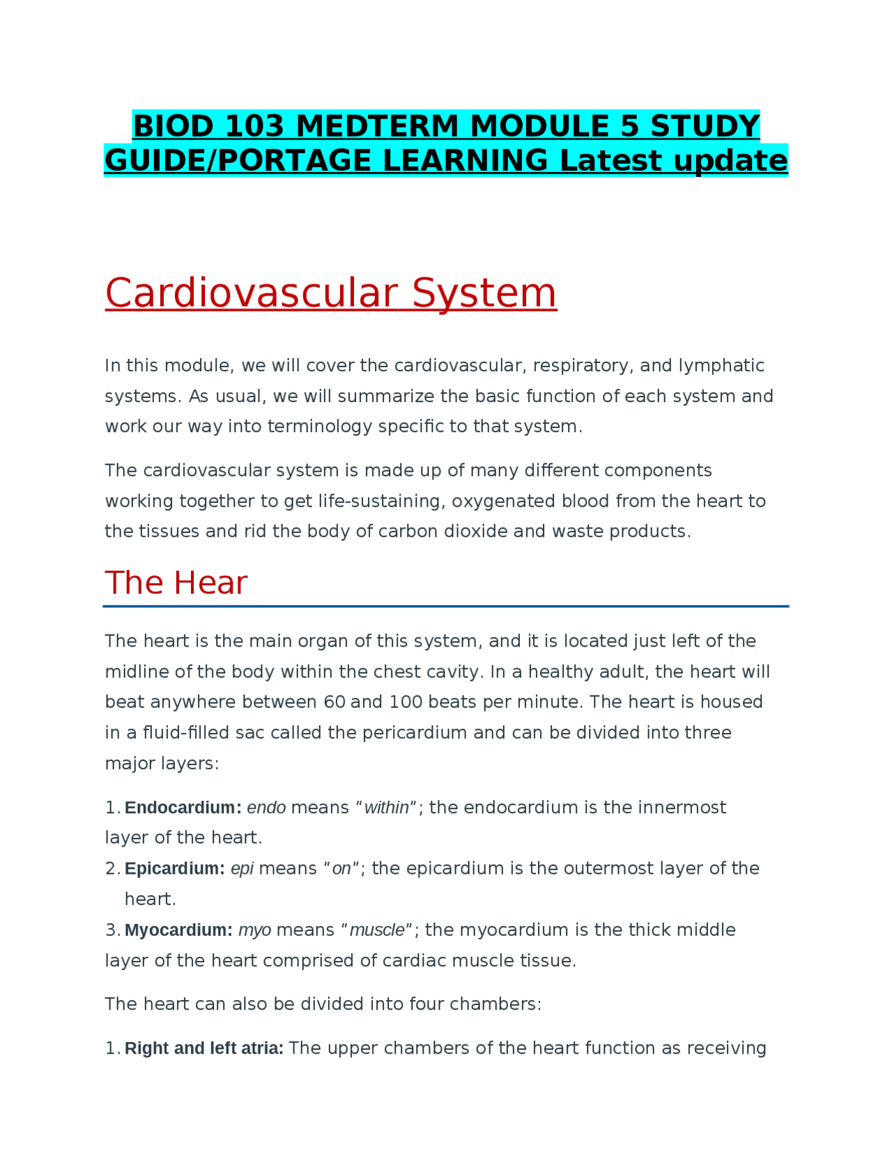 BIOD 103 MEDTERM MODULE 5 STUDY GUIDE/PORTAGE LEARNING | Exams Nursing ...