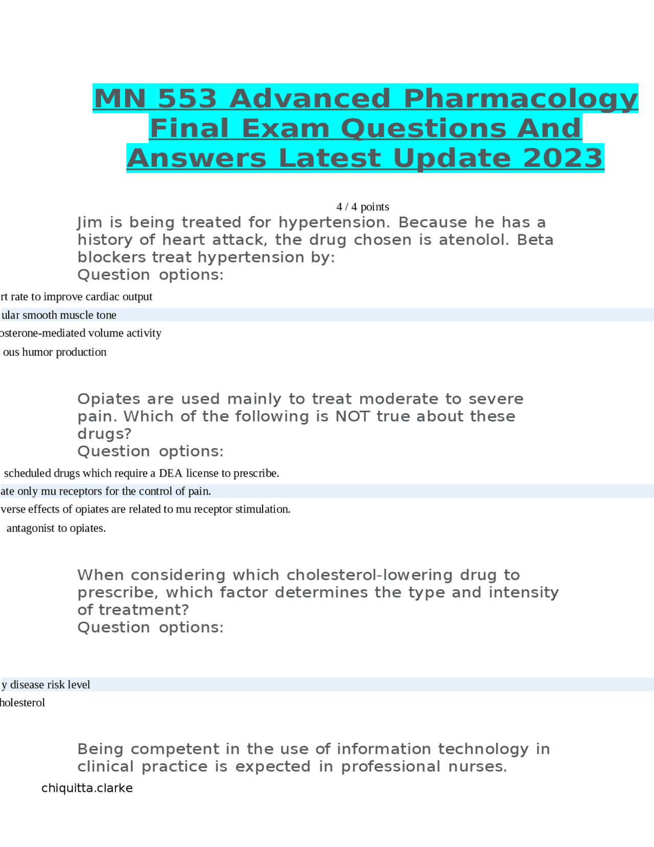 MN 553 Advanced Pharmacology Final Exam Questions And Answers Latest ...
