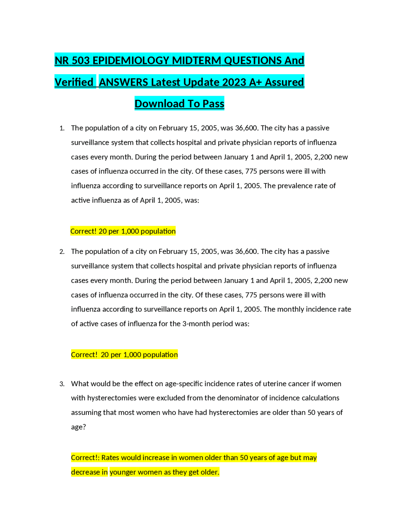 NR 503 EPIDEMIOLOGY MIDTERM QUESTIONS And Verified ANSWERS Latest