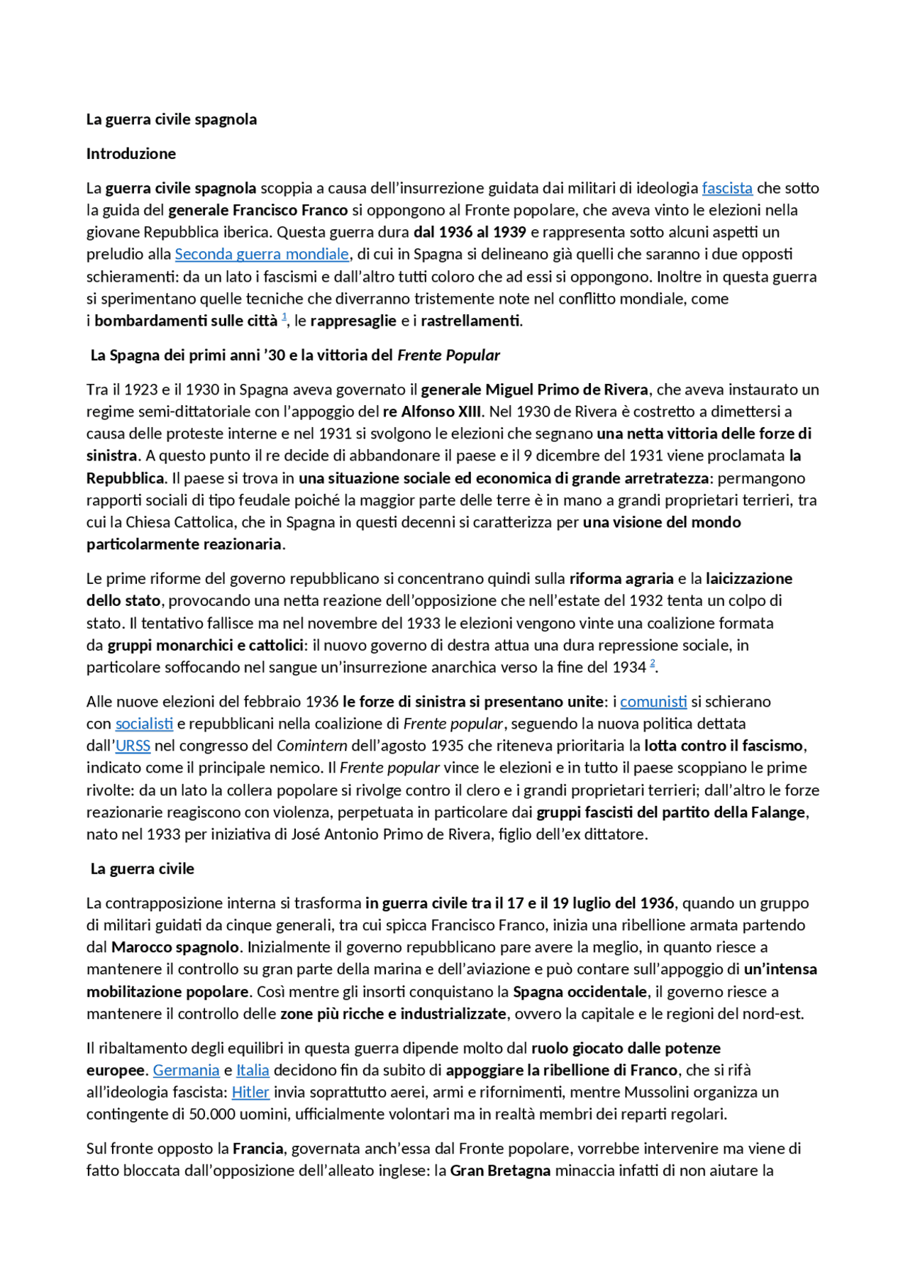 la guerra civile Spagnola | Schemi e mappe concettuali di Storia ...