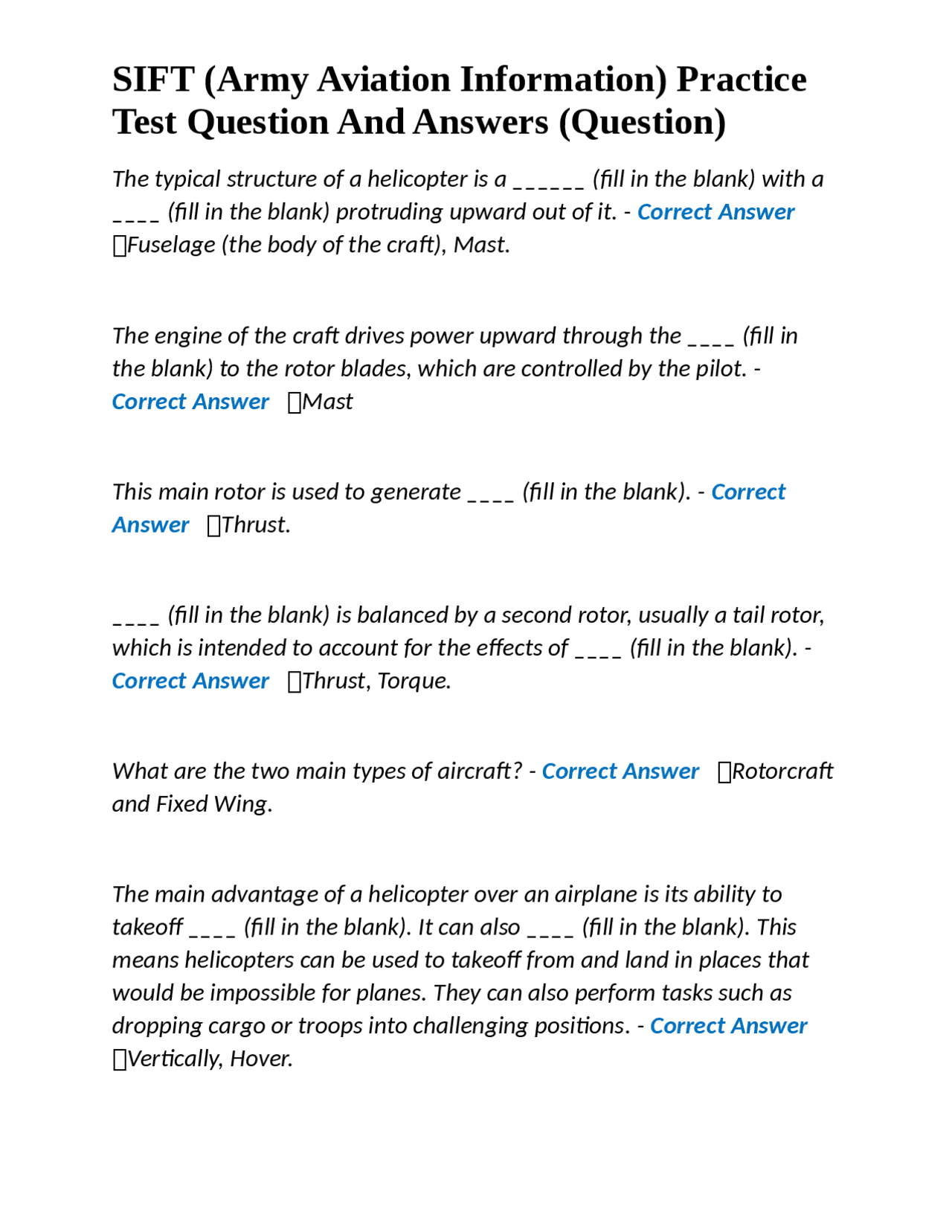 SIFT (Army Aviation Information) Practice Test Question And Answers