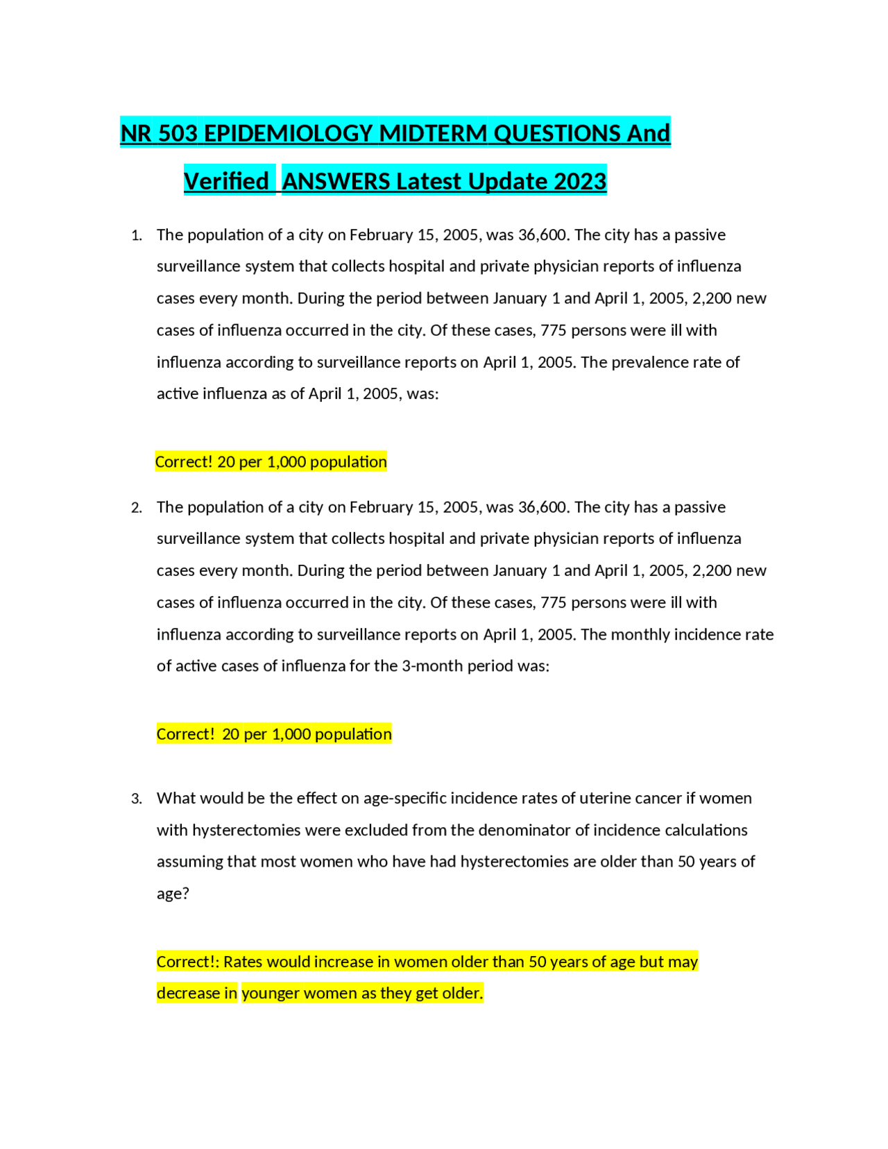 NR 503 EPIDEMIOLOGY MIDTERM QUESTIONS And Verified ANSWERS Latest