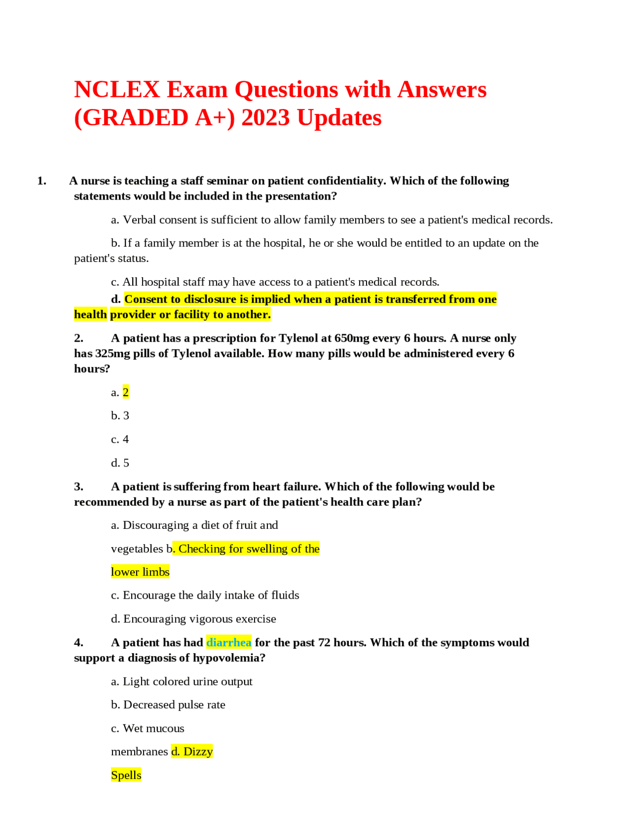NCLEX Exam Questions with Answers (GRADED A+) 2023 Updates | Exams ...