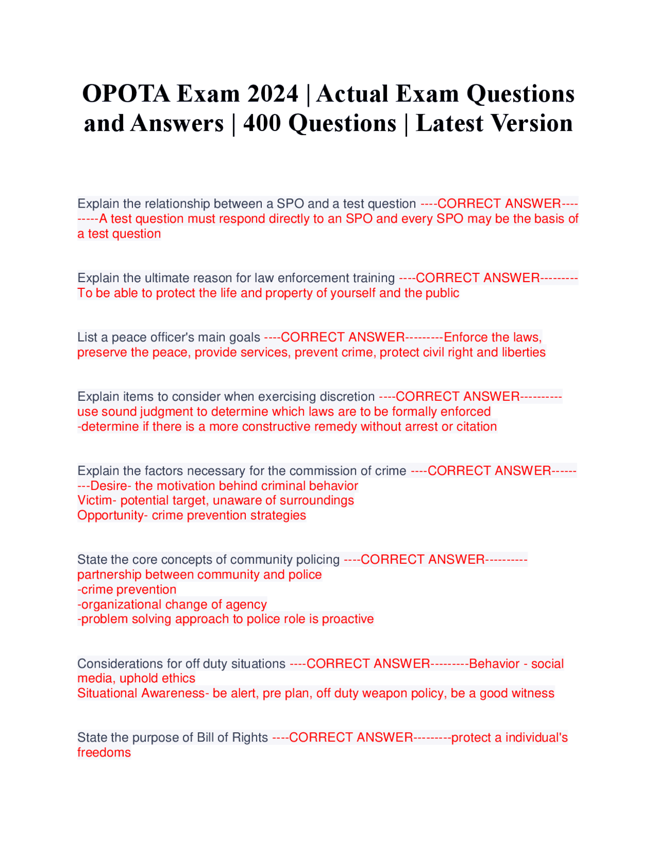 OPOTA Exam 2024 | Actual Exam Questions and Answers | 400 Questions ...