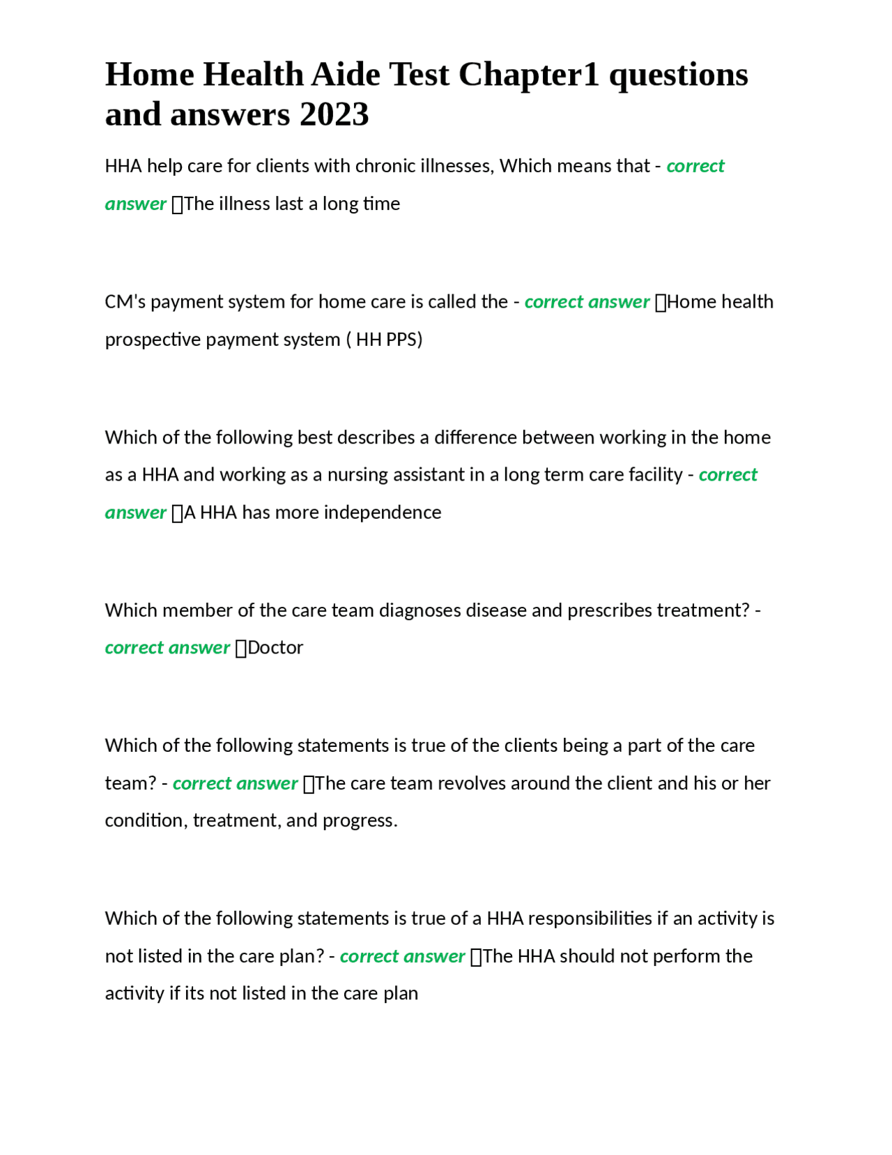 Home Health Aide Test Chapter1 questions and answers 2023 Exams