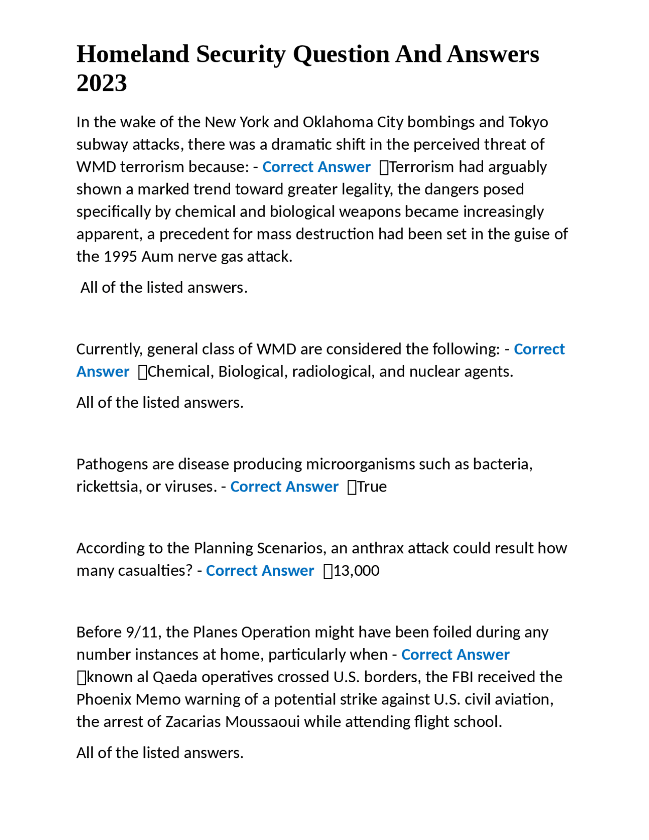 Homeland Security Question And Answers 2023 Exams Nursing Docsity