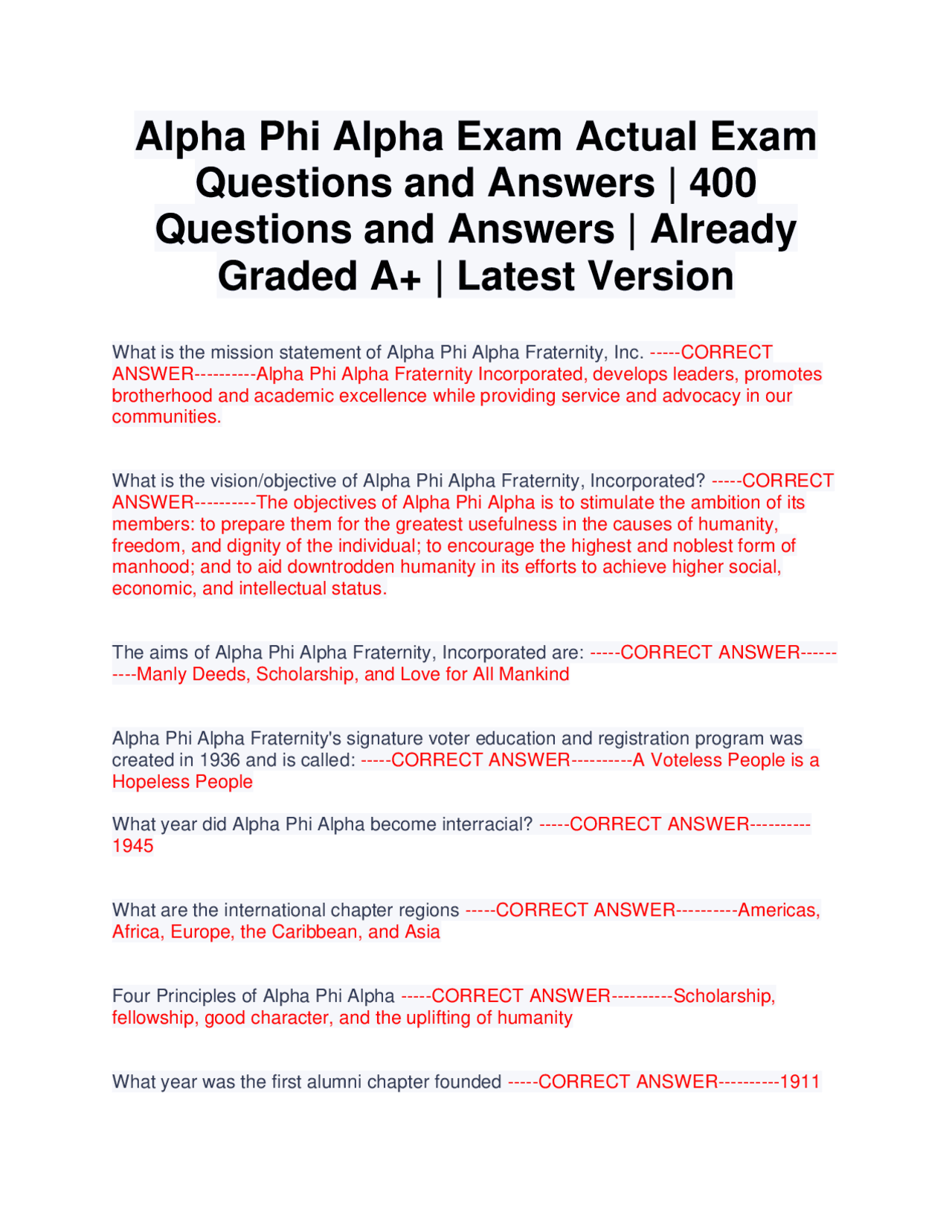 Alpha Questions Alpha Phi Alpha Exam Actual Exam Questions and Answers | 400 Questions ...