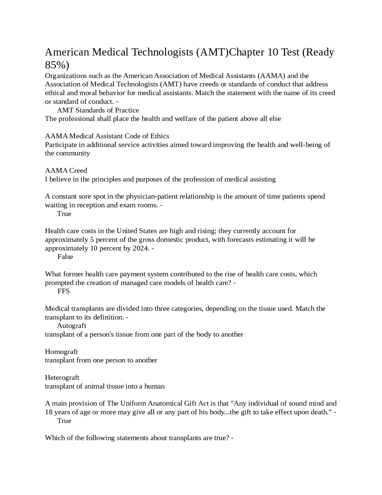 American Medical Technologists (AMT)Chapter 10 Test (Ready 85) Exams
