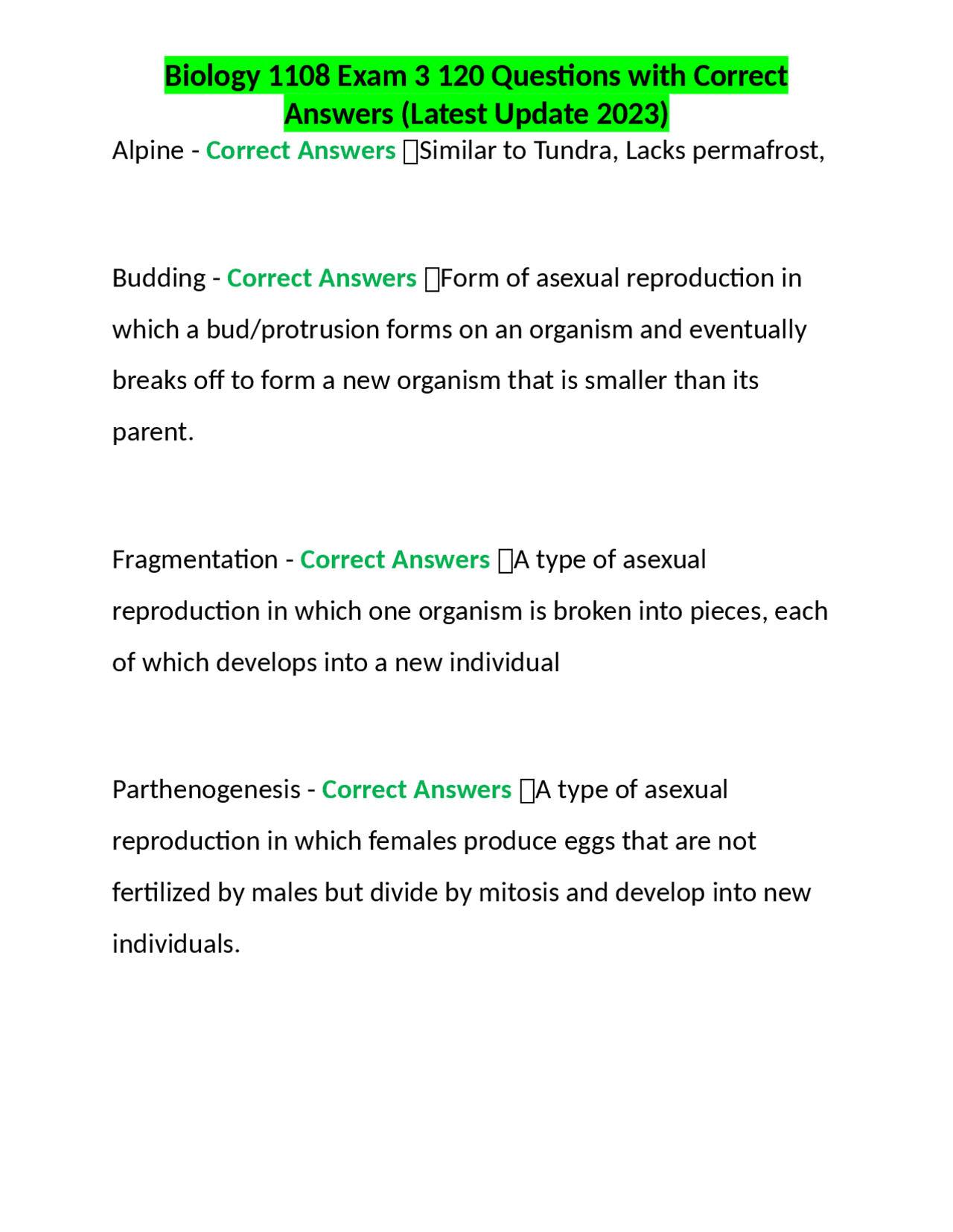 Biology 1108 Exam 3 120 Questions with Correct Answers (Latest Update Biology 1108 Exam 3 120 Questions with Correct Answers (Latest Update