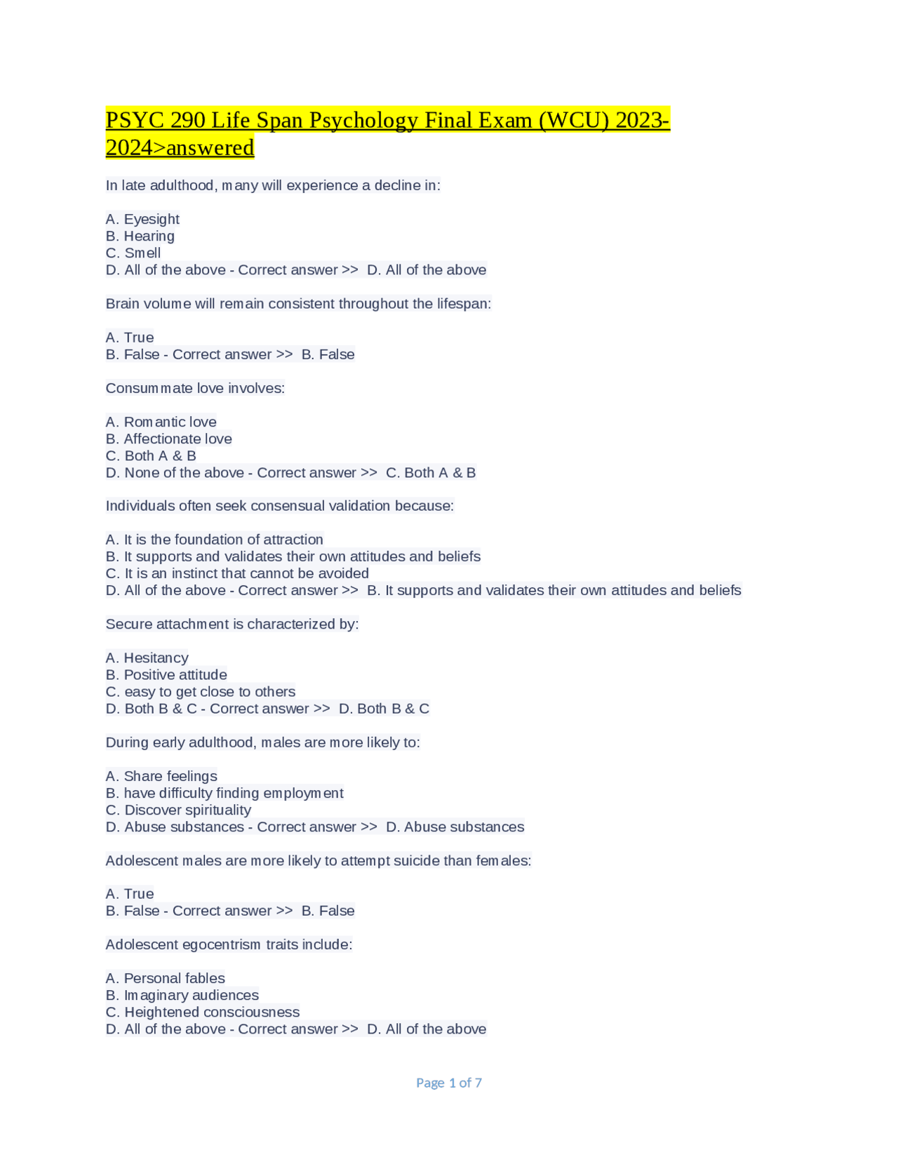 PSYC 290 Life Span Psychology Final Exam (WCU) 20232024>answered
