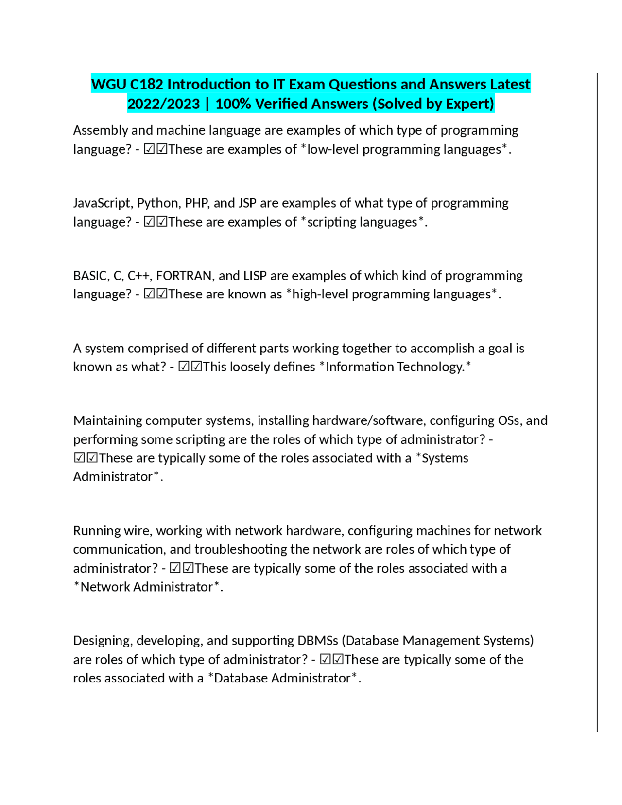 Wgu C182 Introduction To It Exam Questions And Answers Latest 2022 2023 100 Verified An Wgu C182 Introduction To It Exam Questions And Answers Latest 2022 2023 100 Verified An