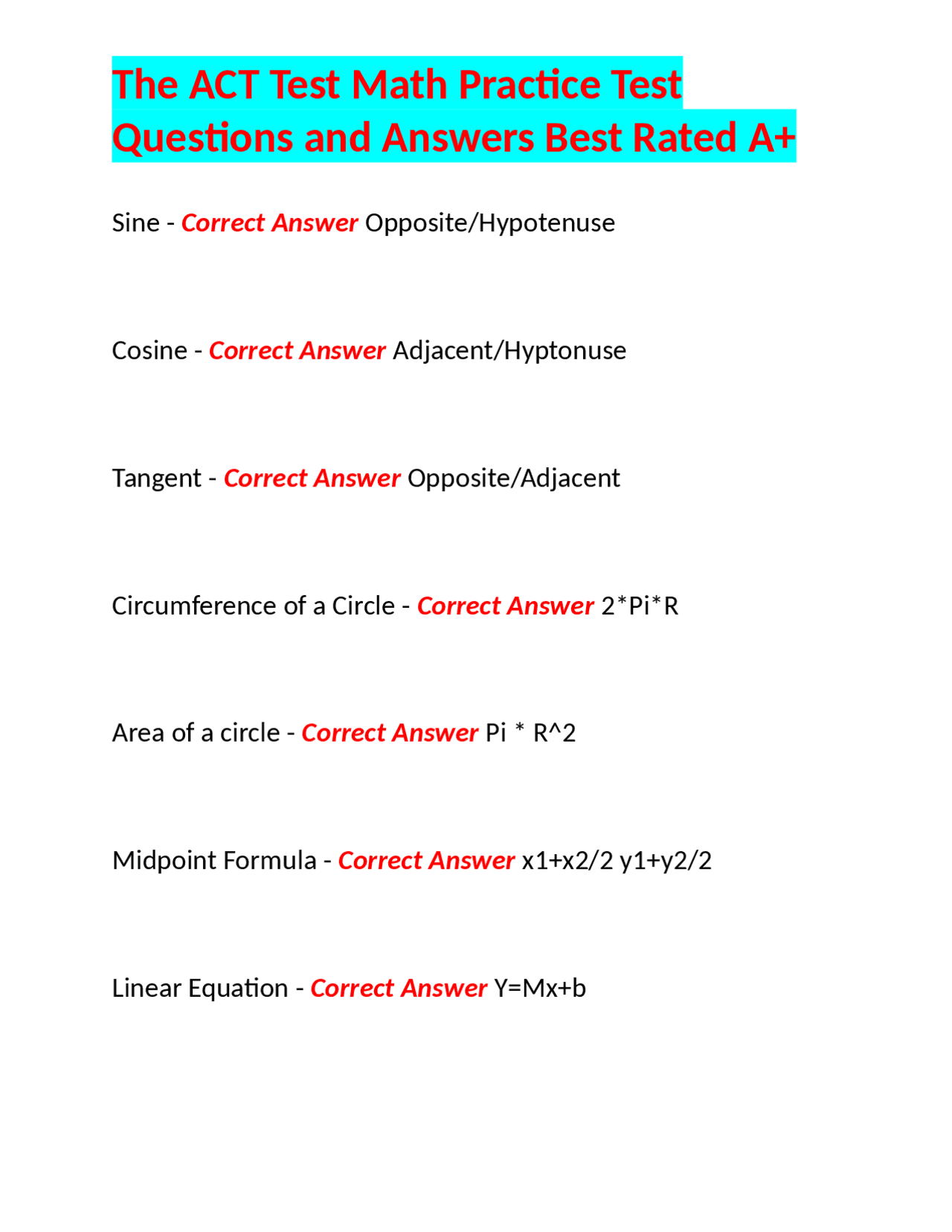 The ACT Test Math Practice Test Questions and Answers Best Rated A+ ...