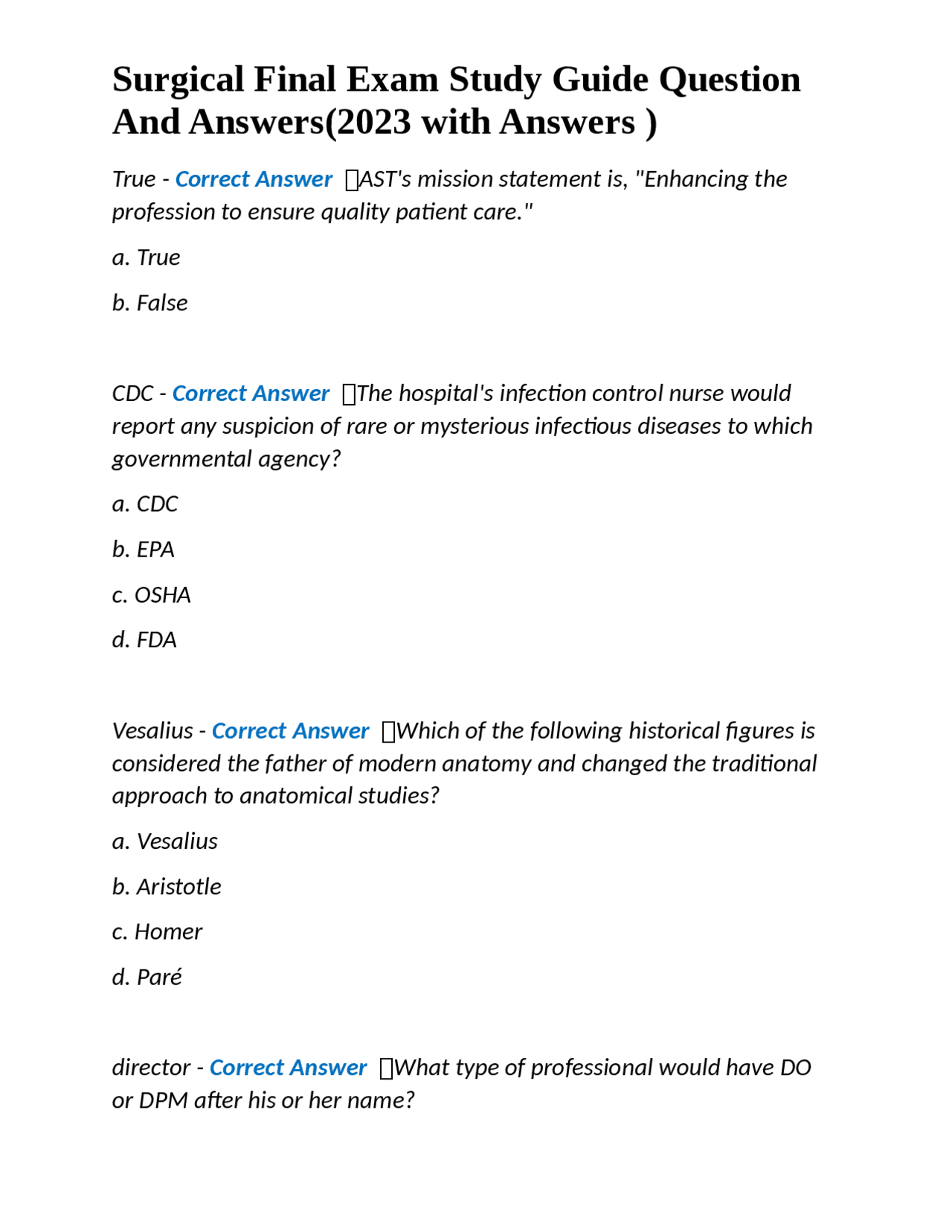Surgical Final Exam Study Guide Question And Answers(2023 with Answers