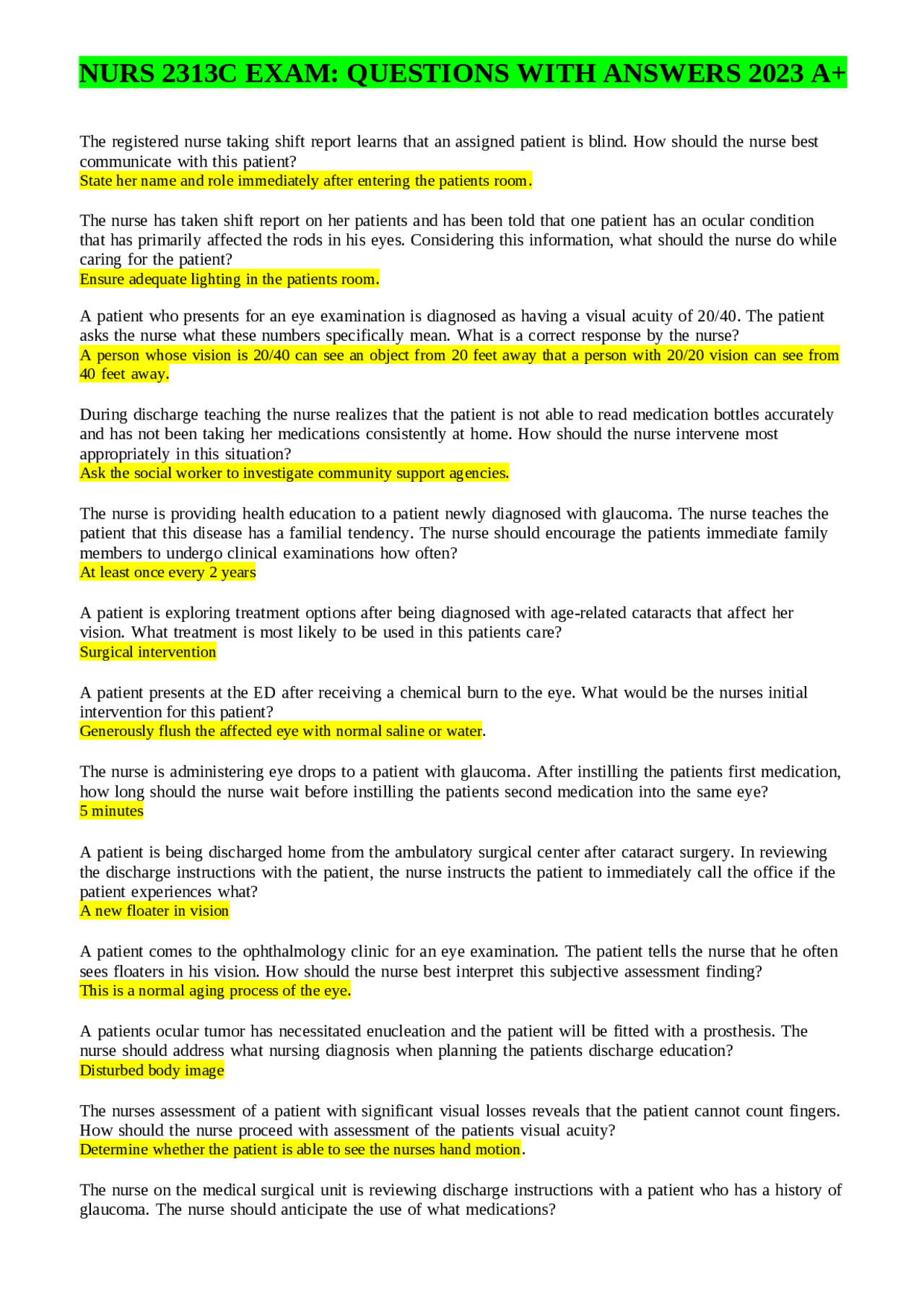 NURS 2313C EXAM: QUESTIONS WITH ANSWERS 2023 A+ | Exams Nursing | Docsity